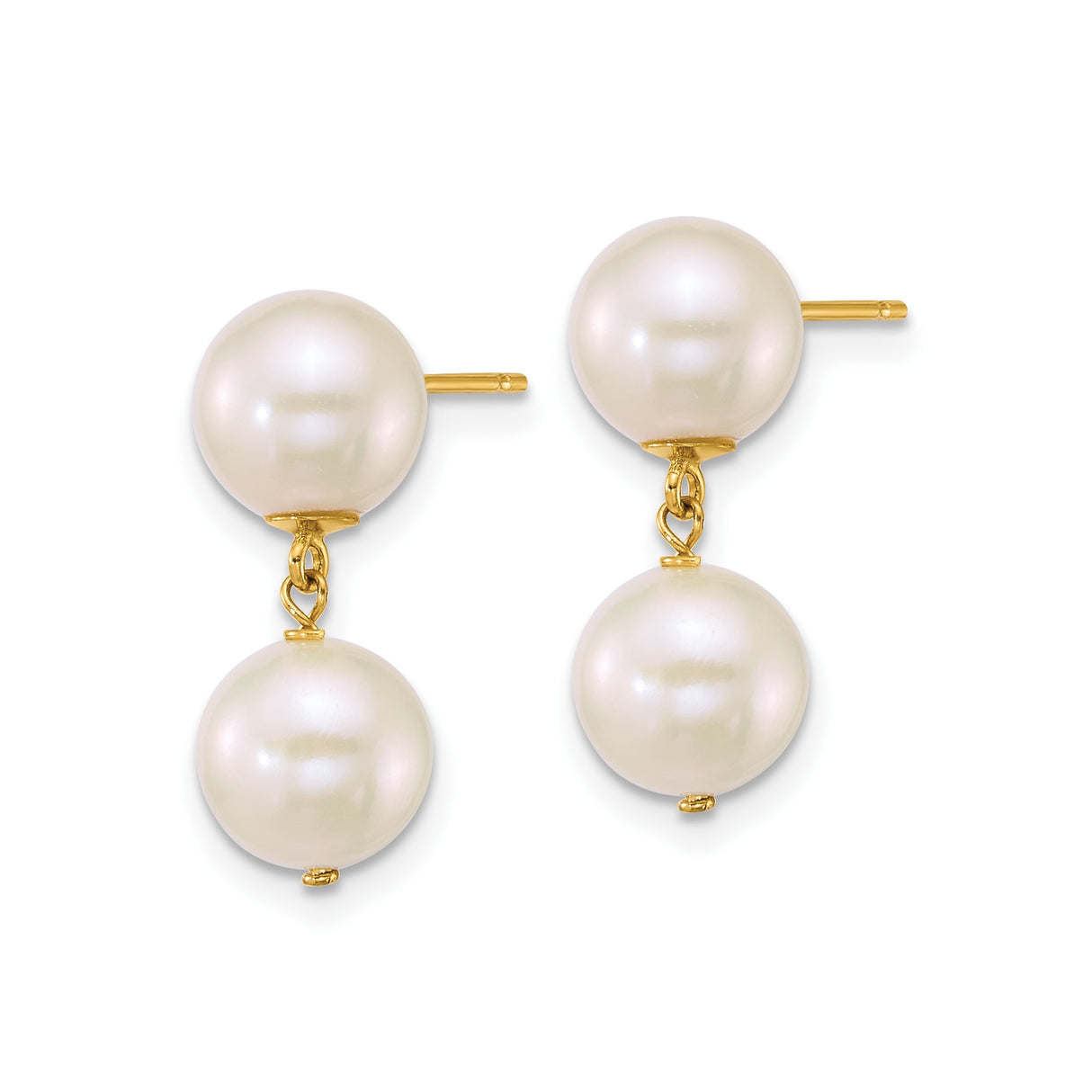 14k Yellow Gold Double Drop Earrings with Round White Cultured Pearls, Minimalist Bridal Jewelry