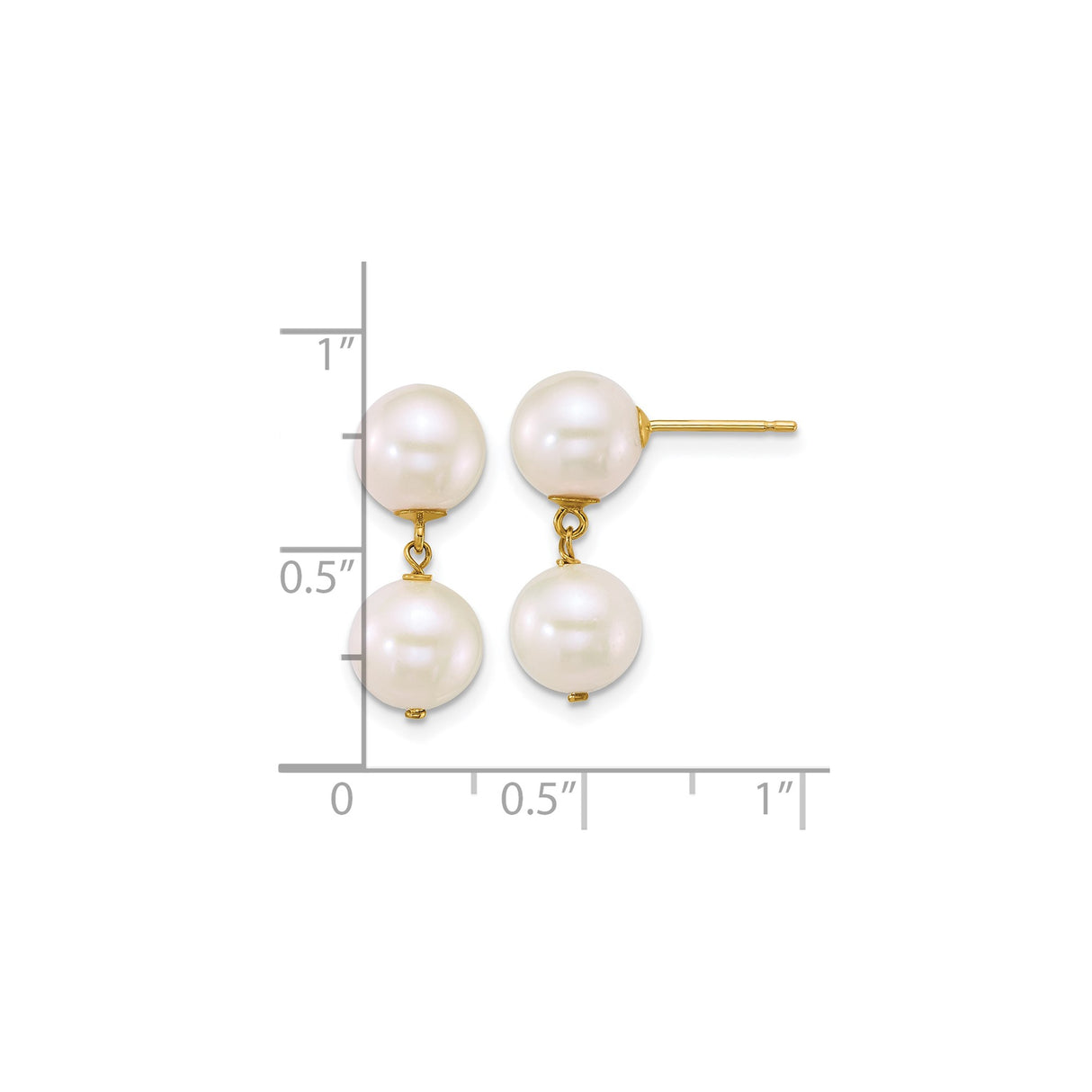 14k Yellow Gold Double Drop Earrings with Round White Cultured Pearls, Minimalist Bridal Jewelry