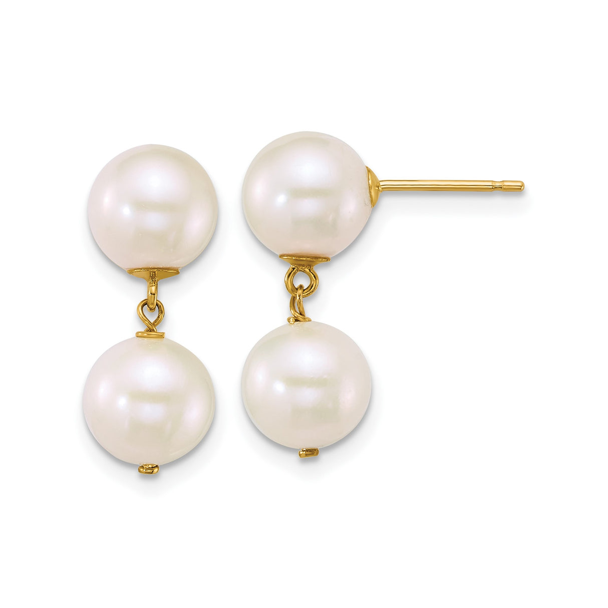 14k Yellow Gold Double Drop Earrings with Round White Cultured Pearls, Minimalist Bridal Jewelry