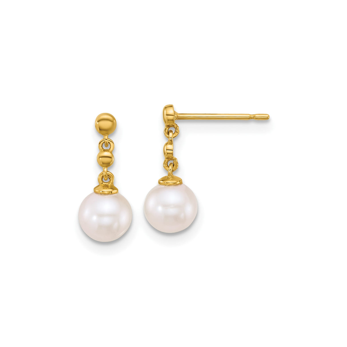 14k Yellow Gold Dangle Earrings with White Cultured Pearls, Classic Drop Design for Women