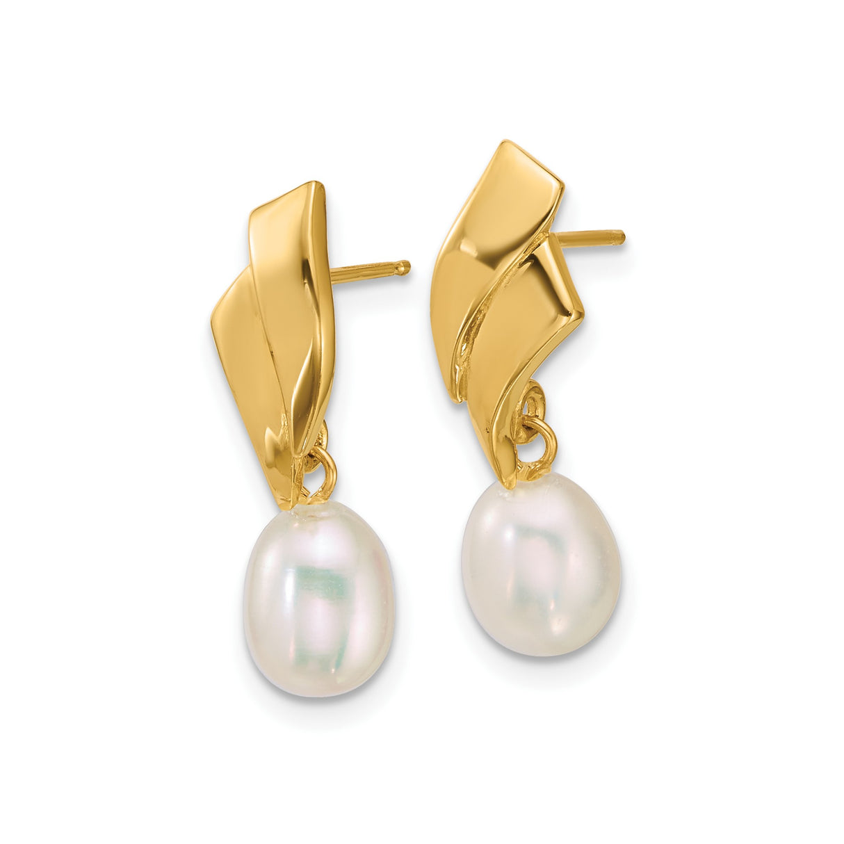 14k Yellow Gold Dangle Earrings with Teardrop White Freshwater Pearls, Modern Drop Design