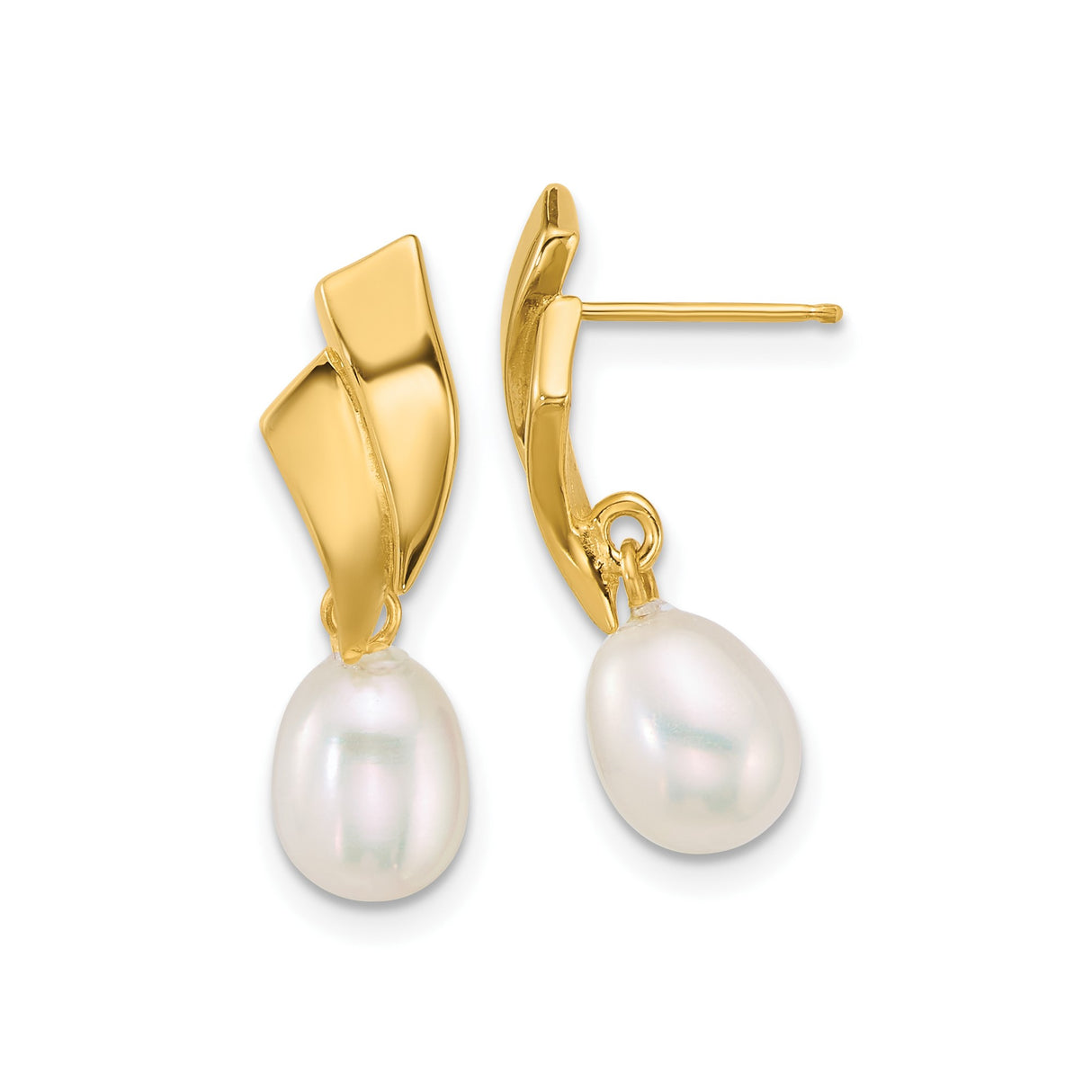 14k Yellow Gold Dangle Earrings with Teardrop White Freshwater Pearls, Modern Drop Design