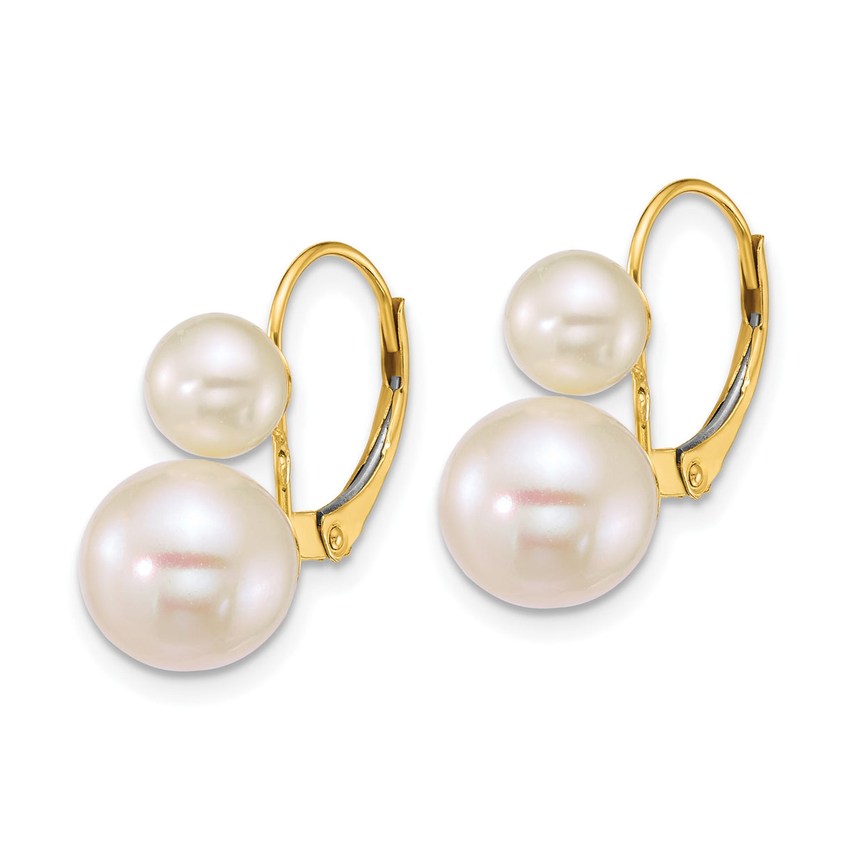 14k Yellow Gold Dangle Earrings with Double Cultured White Pearls, Drop Leverback Design