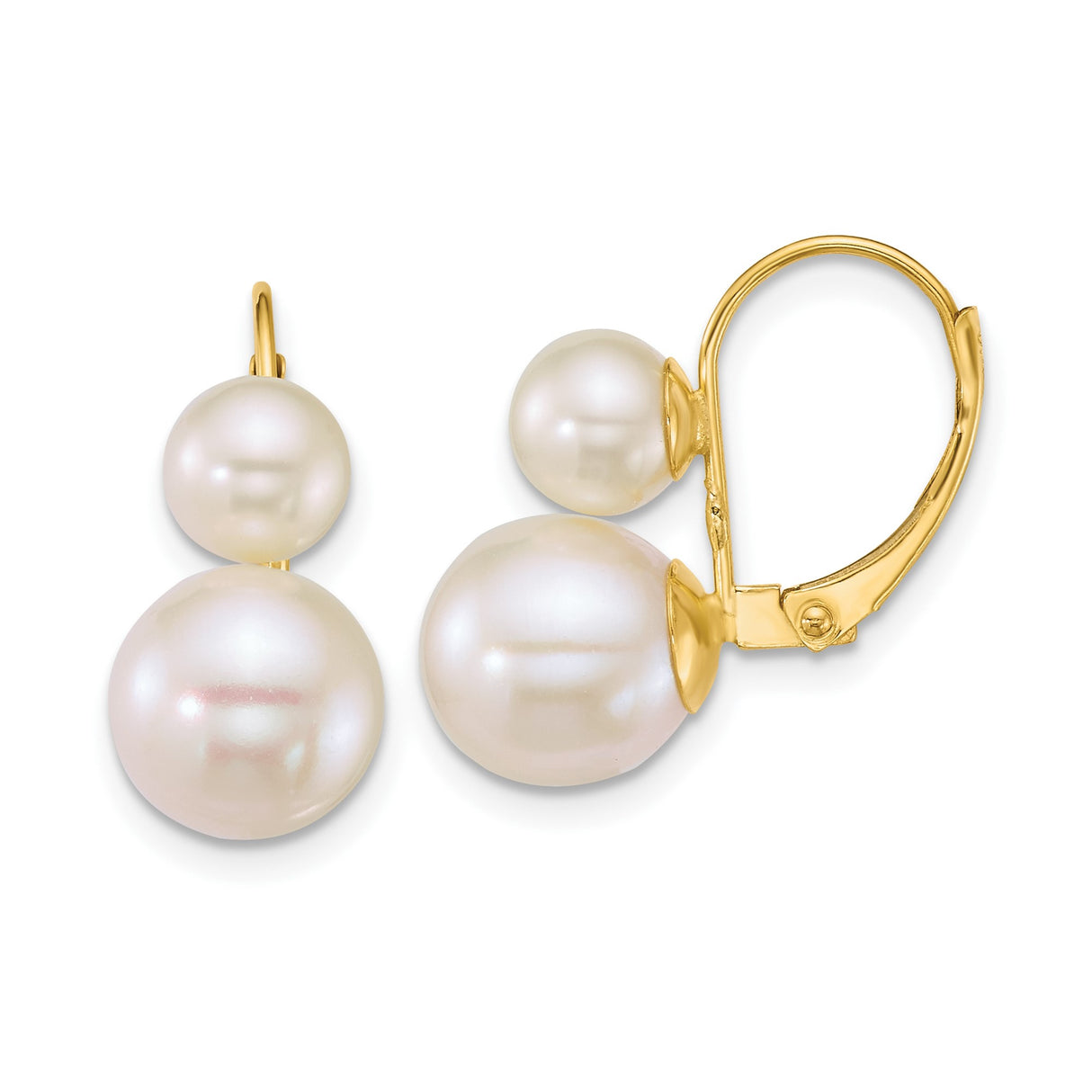 14k Yellow Gold Dangle Earrings with Double Cultured White Pearls, Drop Leverback Design