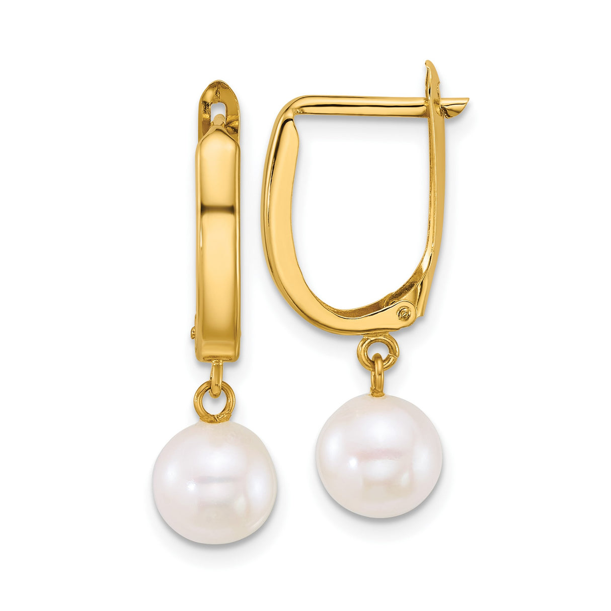 14k Yellow Gold Leverback Earrings with Round White Freshwater Pearls