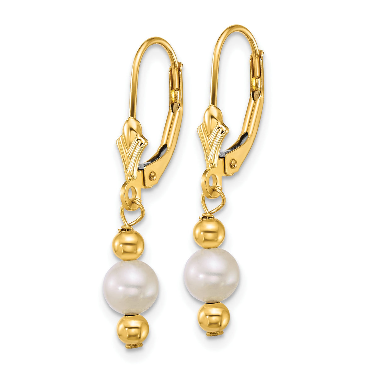 14k Yellow Gold Dangle Earrings with White Freshwater Cultured Pearls and Polished Beads