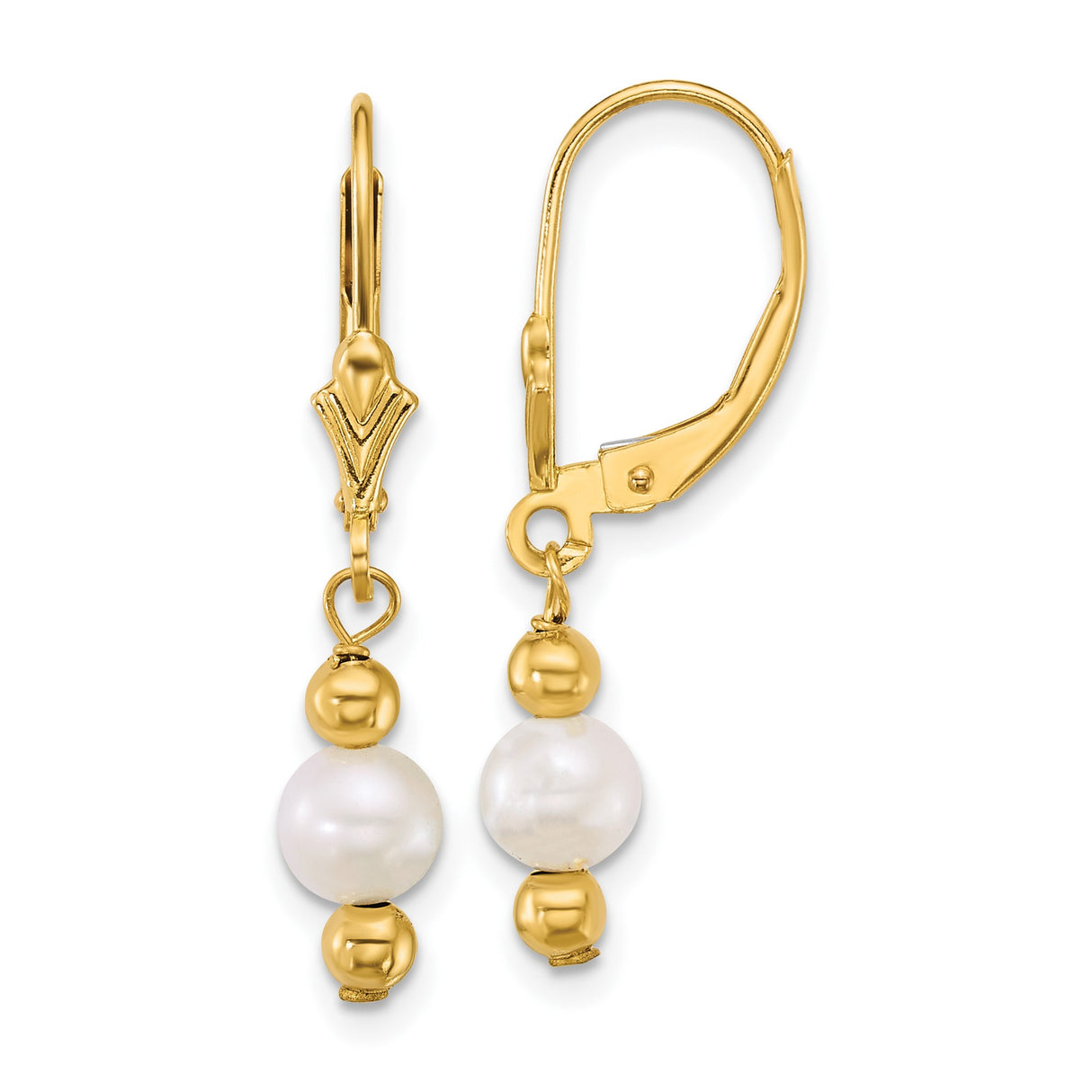 14k Yellow Gold Dangle Earrings with White Freshwater Cultured Pearls and Polished Beads