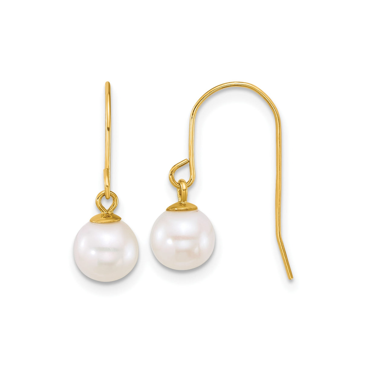 14k Yellow Gold Dangle Earrings with White Cultured Pearls, Classic Hook Style