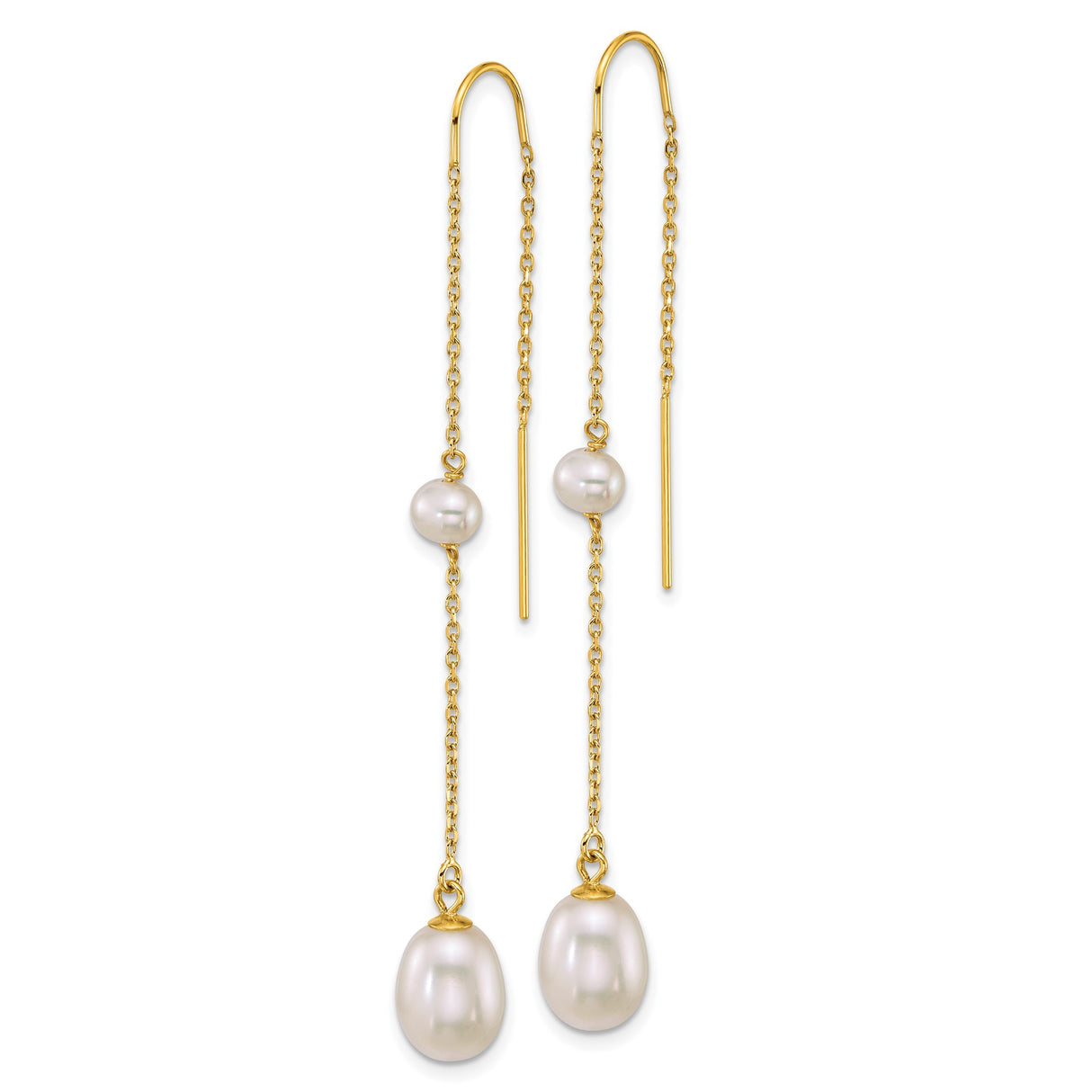 14k Yellow Gold Threader Earrings with Freshwater Pearls, Long Chain Drop Dangle Design