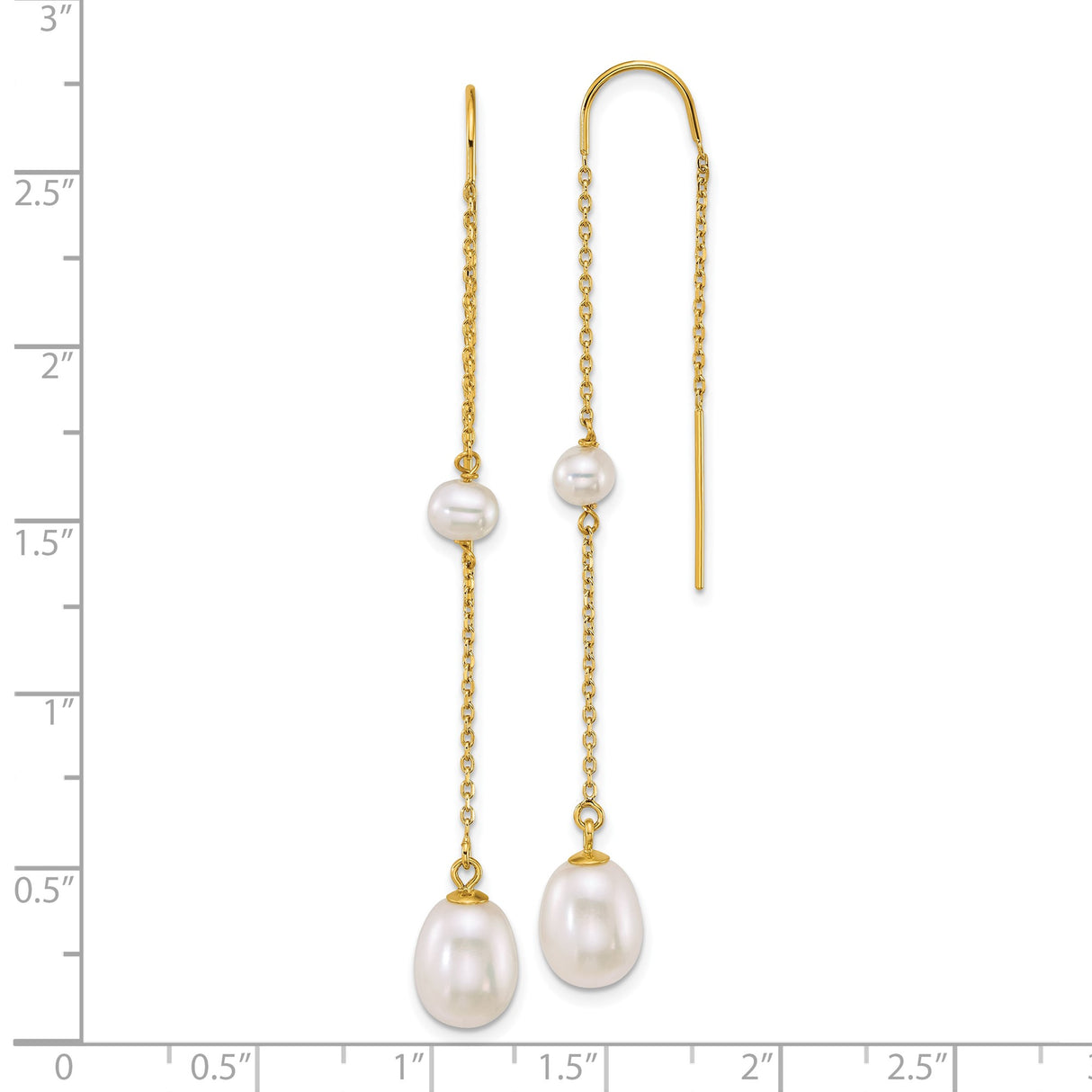 14k Yellow Gold Threader Earrings with Freshwater Pearls, Long Chain Drop Dangle Design