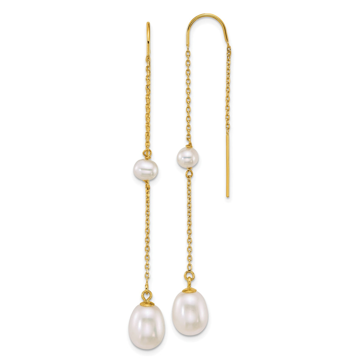 14k Yellow Gold Threader Earrings with Freshwater Pearls, Long Chain Drop Dangle Design