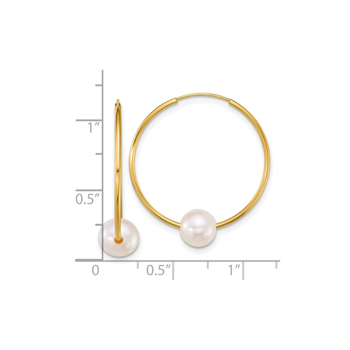 14k Yellow Gold Hoop Earrings with Cultured White Pearls, Classic Endless Design for Women