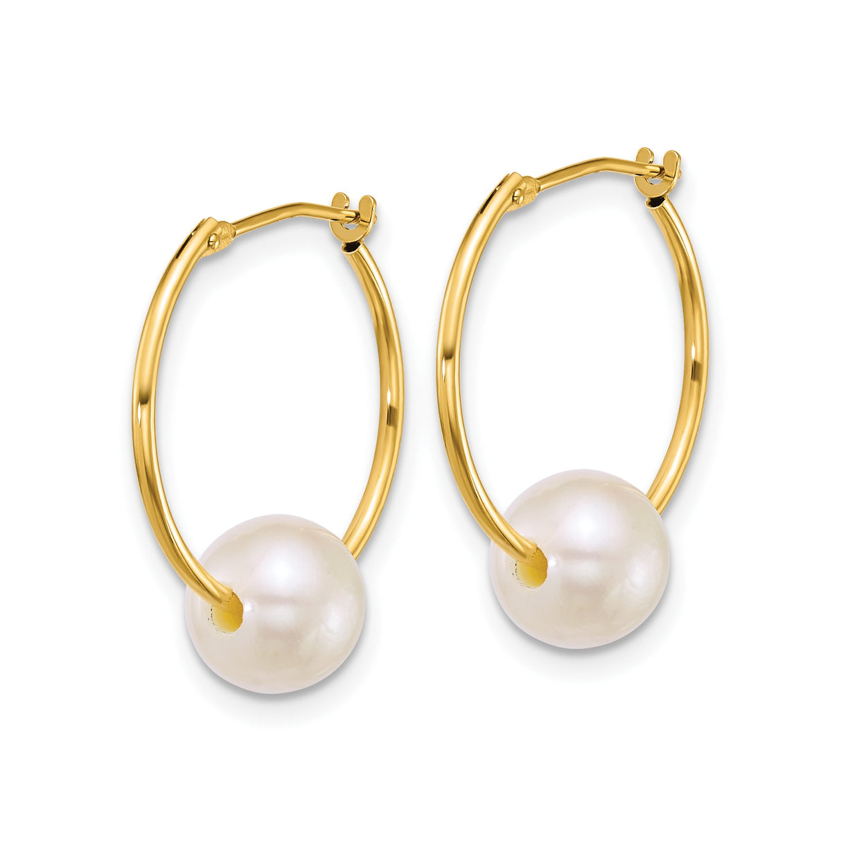 14k Yellow Gold Hoop Earrings with Round White Cultured Pearls, Minimalist Daily Style