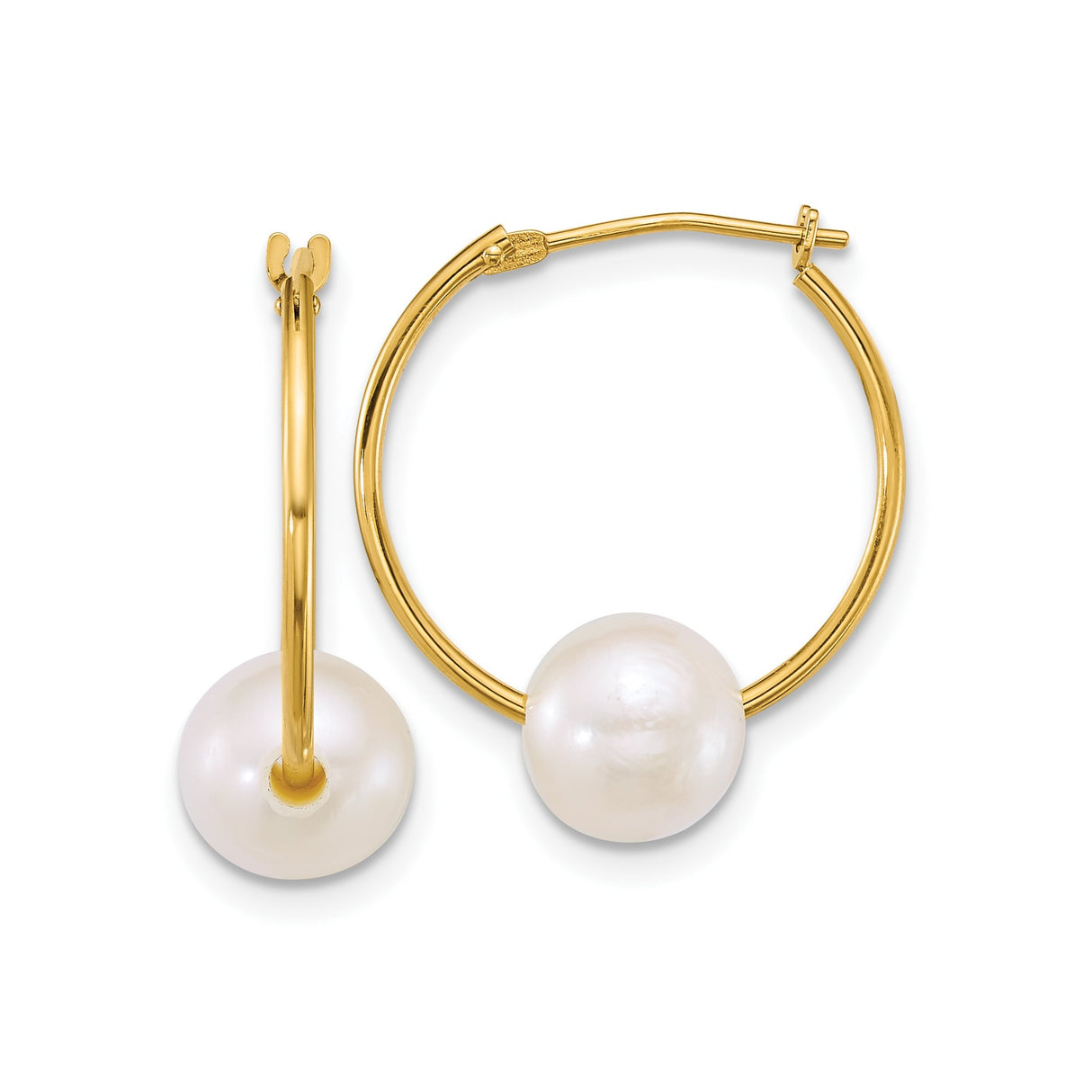 14k Yellow Gold Hoop Earrings with Round White Cultured Pearls, Minimalist Daily Style