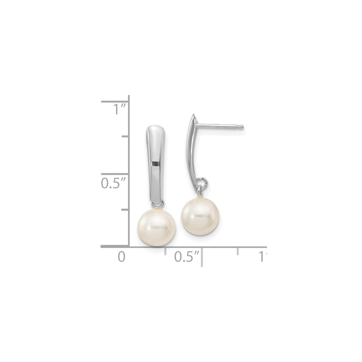 14k White Gold Drop Earrings with Round White Cultured Pearls, Dangle Design