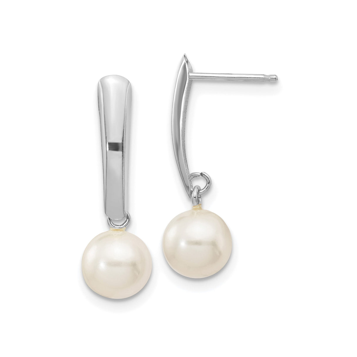 14k White Gold Drop Earrings with Round White Cultured Pearls, Dangle Design