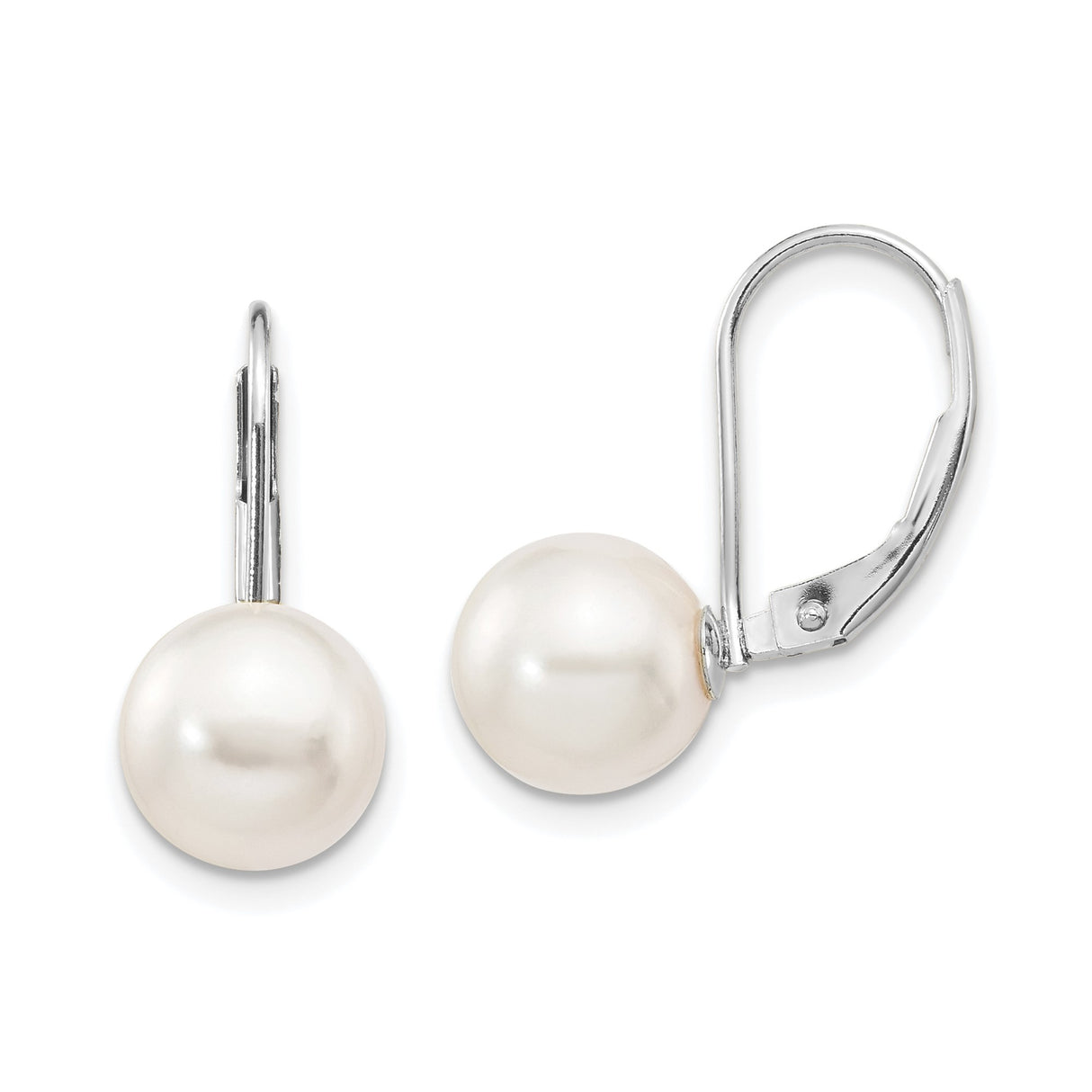 14k White Gold Drop Earrings with Cultured Pearls, Leverback Bridal Style