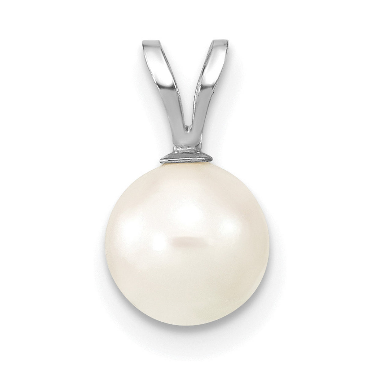 14k White Gold Pendant with Round White Cultured Akoya Pearl, Polished V-Bail Design