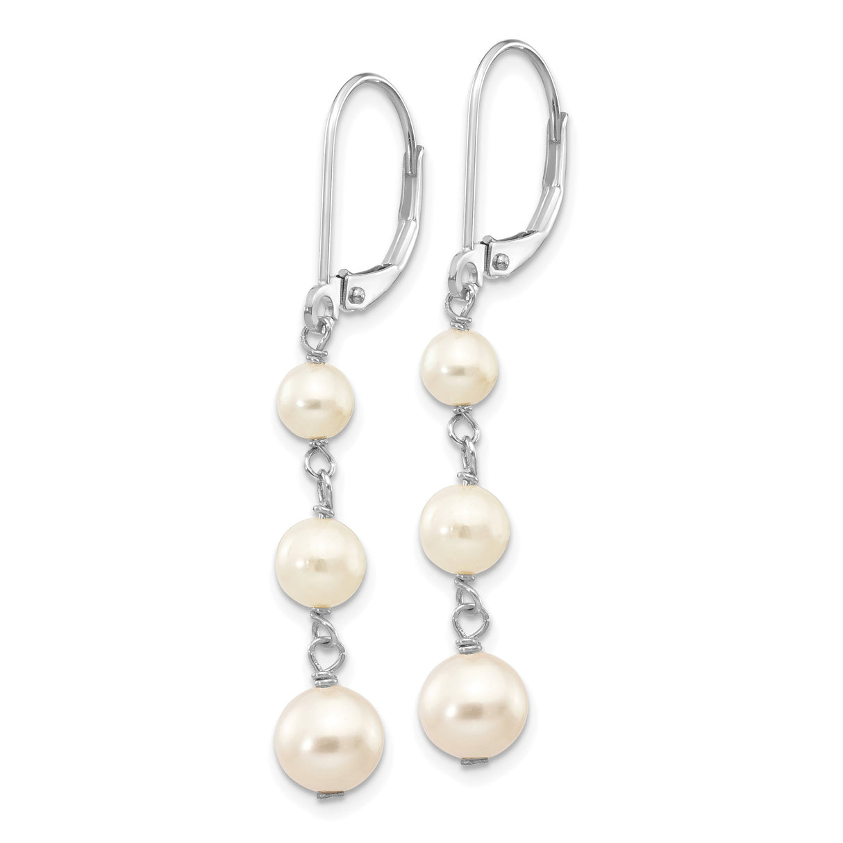 14k White Gold Dangle Earrings with Cultured Freshwater Pearls, Three-Pearl Drop Design