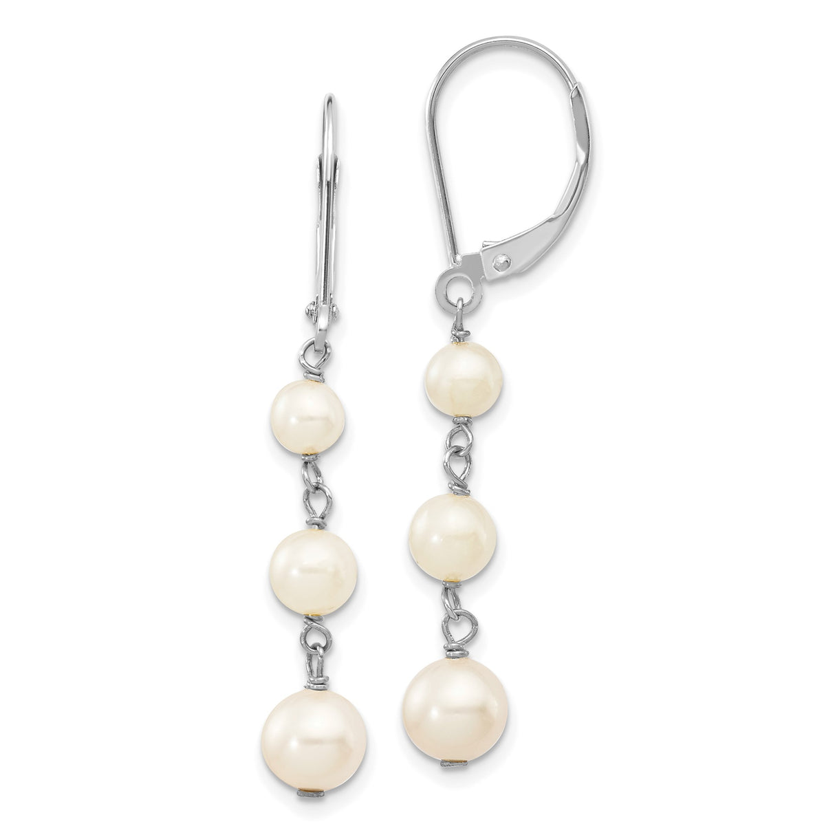 14k White Gold Dangle Earrings with Cultured Freshwater Pearls, Three-Pearl Drop Design