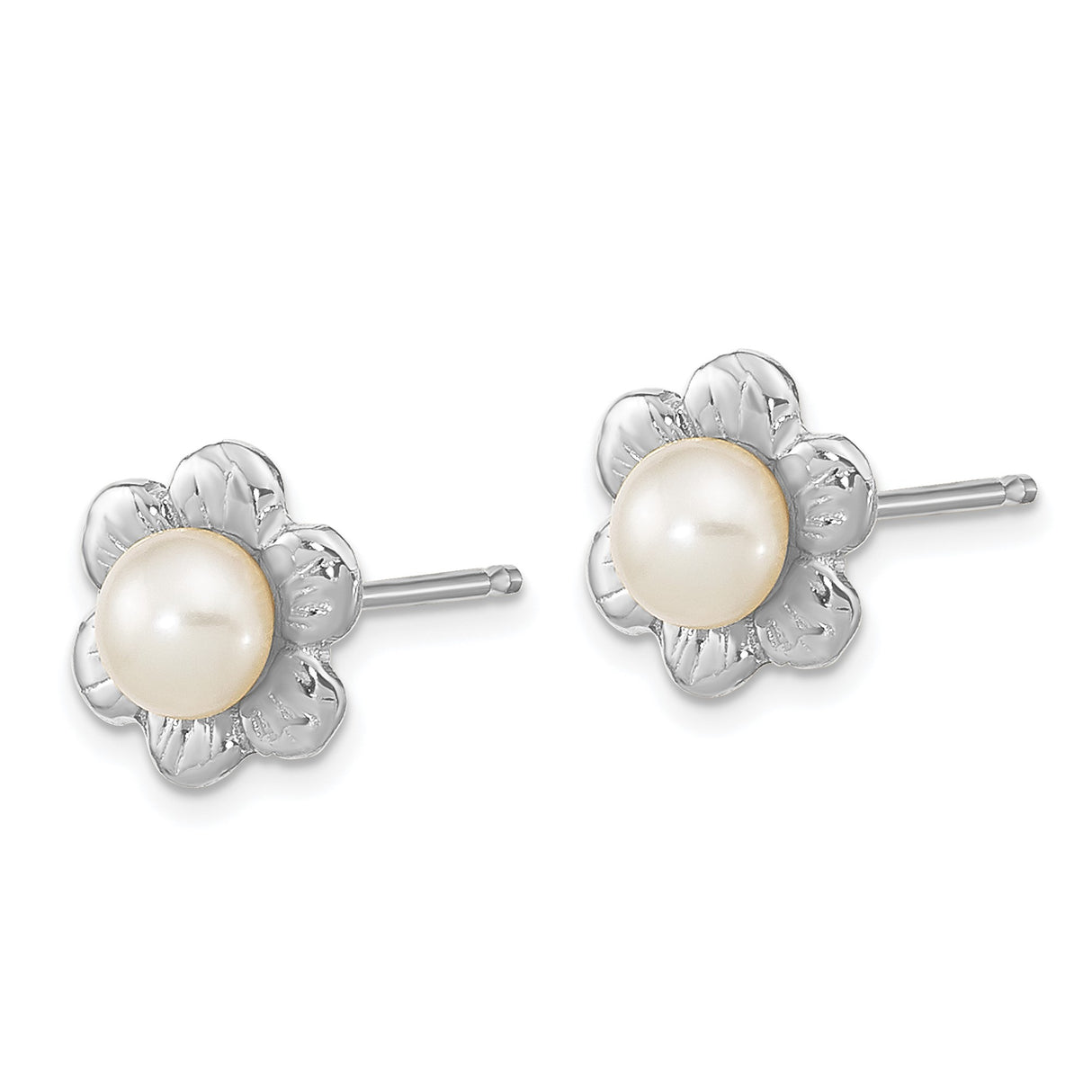 14k White Gold Flower Stud Earrings with Cultured Pearl Center, Floral Motif Jewelry for Women