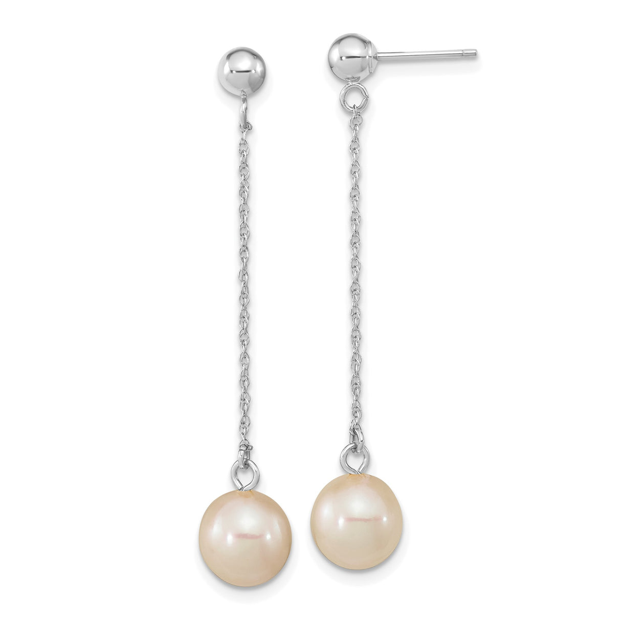 14k White Gold Dangle Earrings with Cultured Freshwater Pearls and Delicate Chain Drops