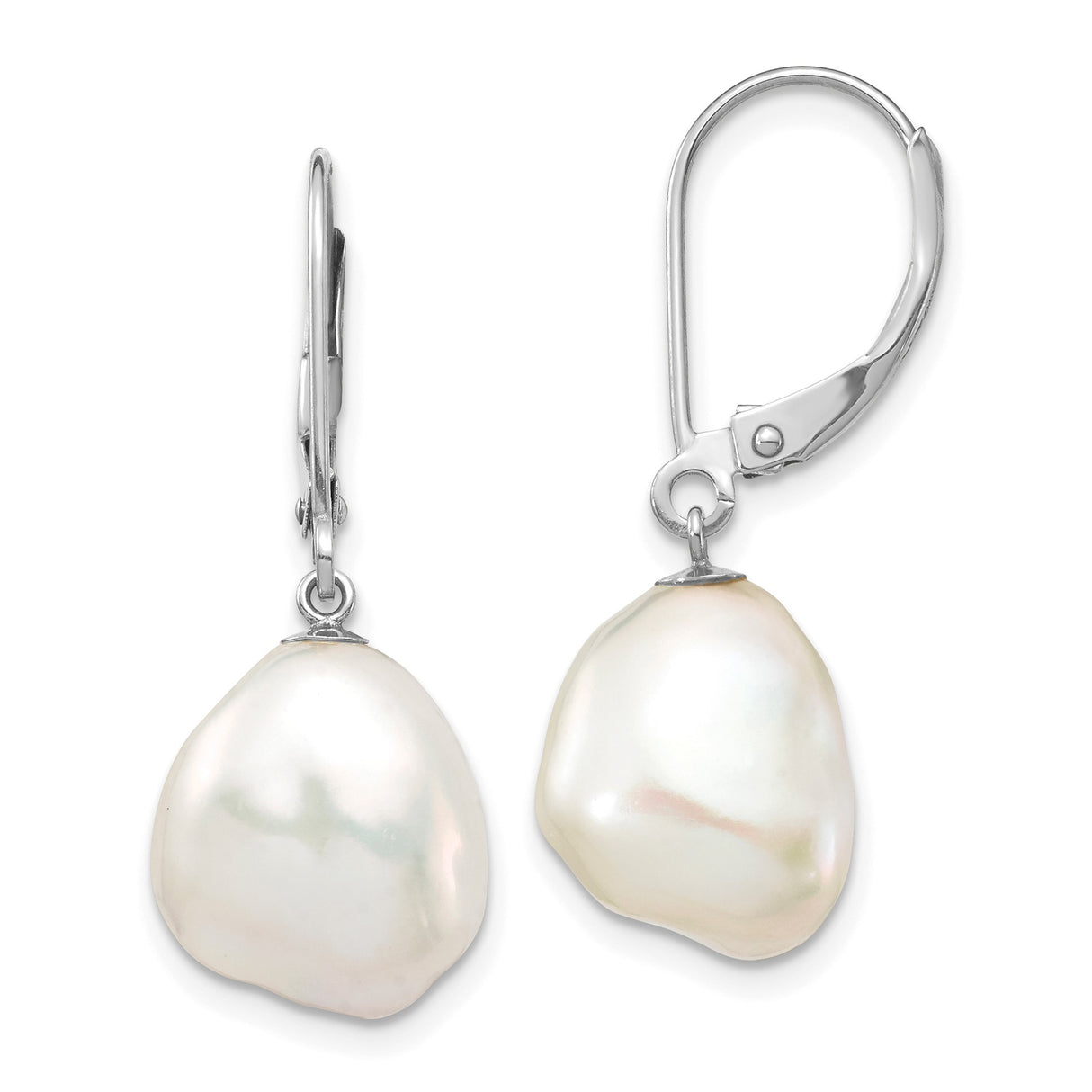 14k White Gold Dangle Earrings with Baroque Freshwater Pearls, Irregular Drop Design