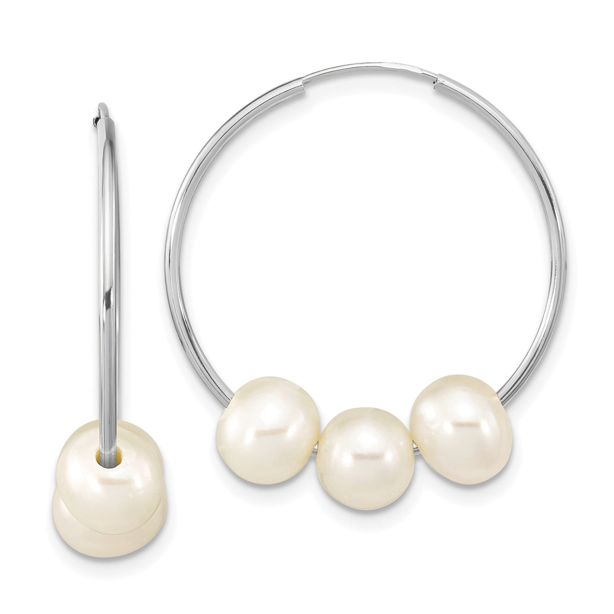 14k White Gold Hoop Earrings with Cultured Freshwater Pearls, Classic Polished Design