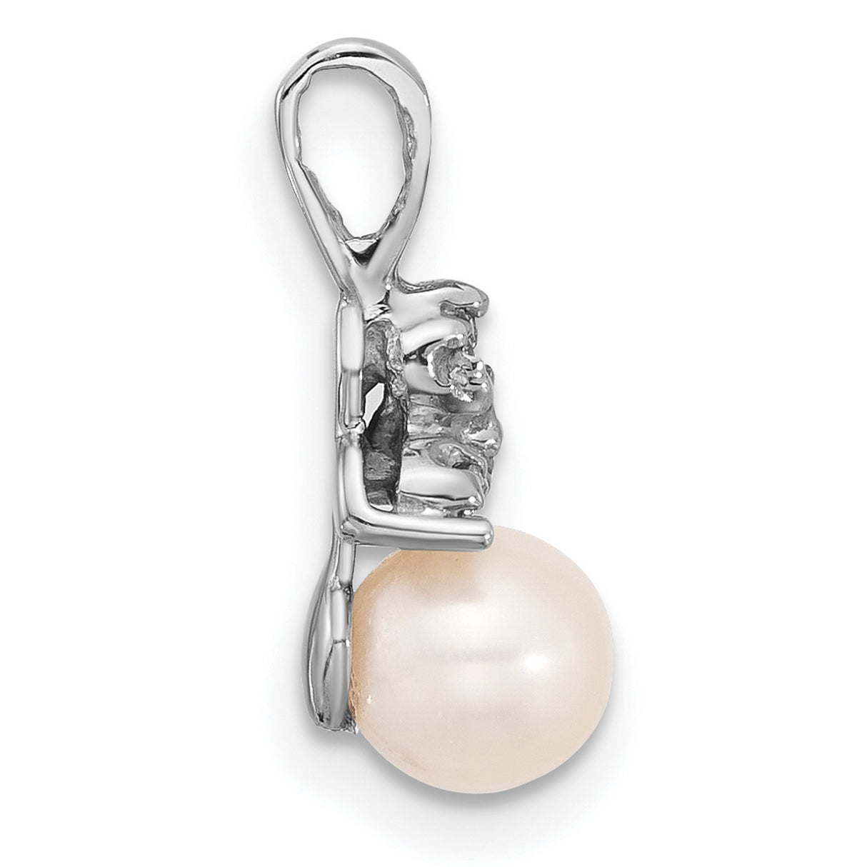 14k White Gold Angel Pendant with Natural White Pearl and Diamond Accent