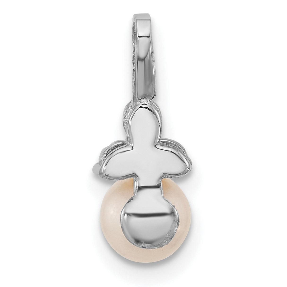 14k White Gold Angel Pendant with Natural White Pearl and Diamond Accent