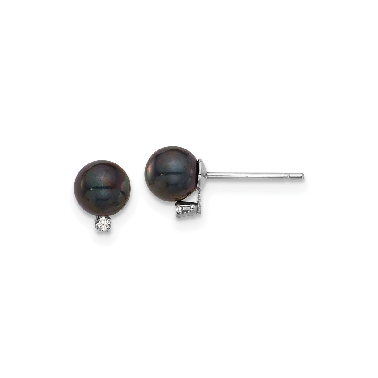 14k White Gold Stud Earrings with Black Cultured Pearls and Diamond Accents, Classic Style