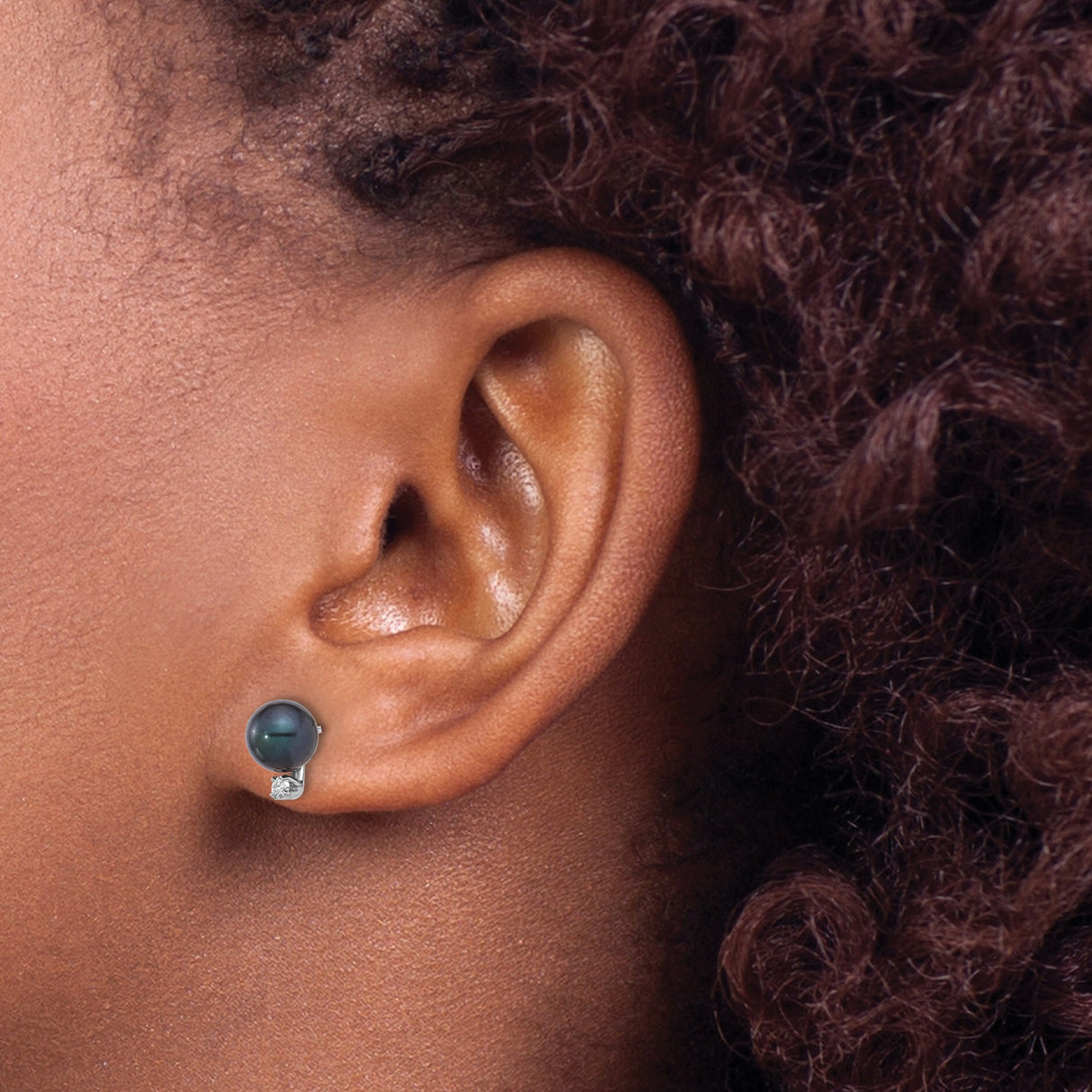 14k White Gold Stud Earrings with Black Cultured Pearls and Diamond Accents