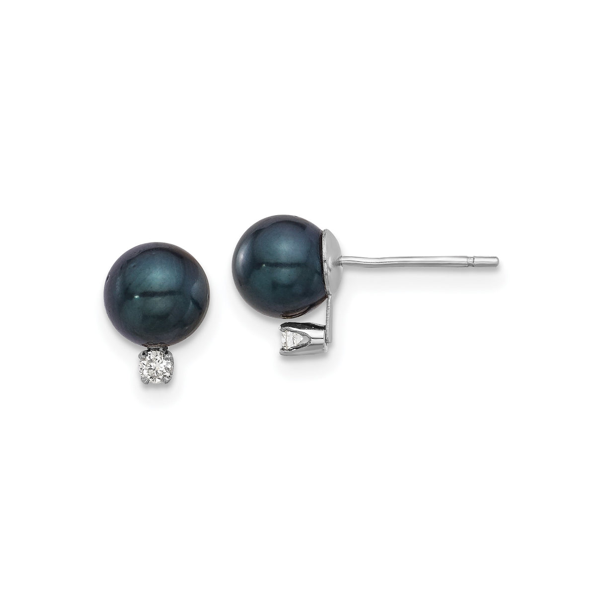 14k White Gold Stud Earrings with Black Cultured Pearls and Diamond Accents