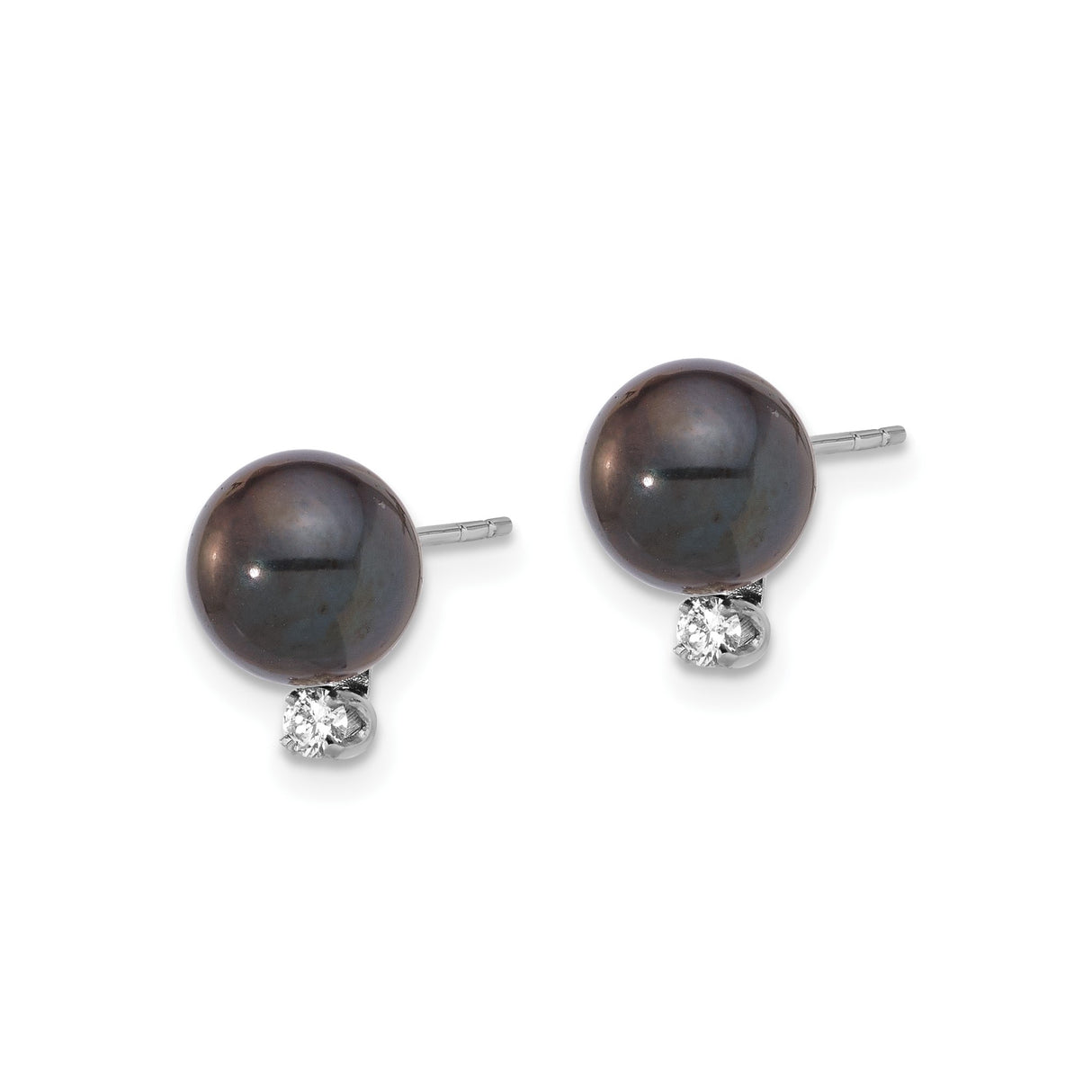 14k White Gold Stud Earrings with Black Cultured Pearls and Diamond Accent
