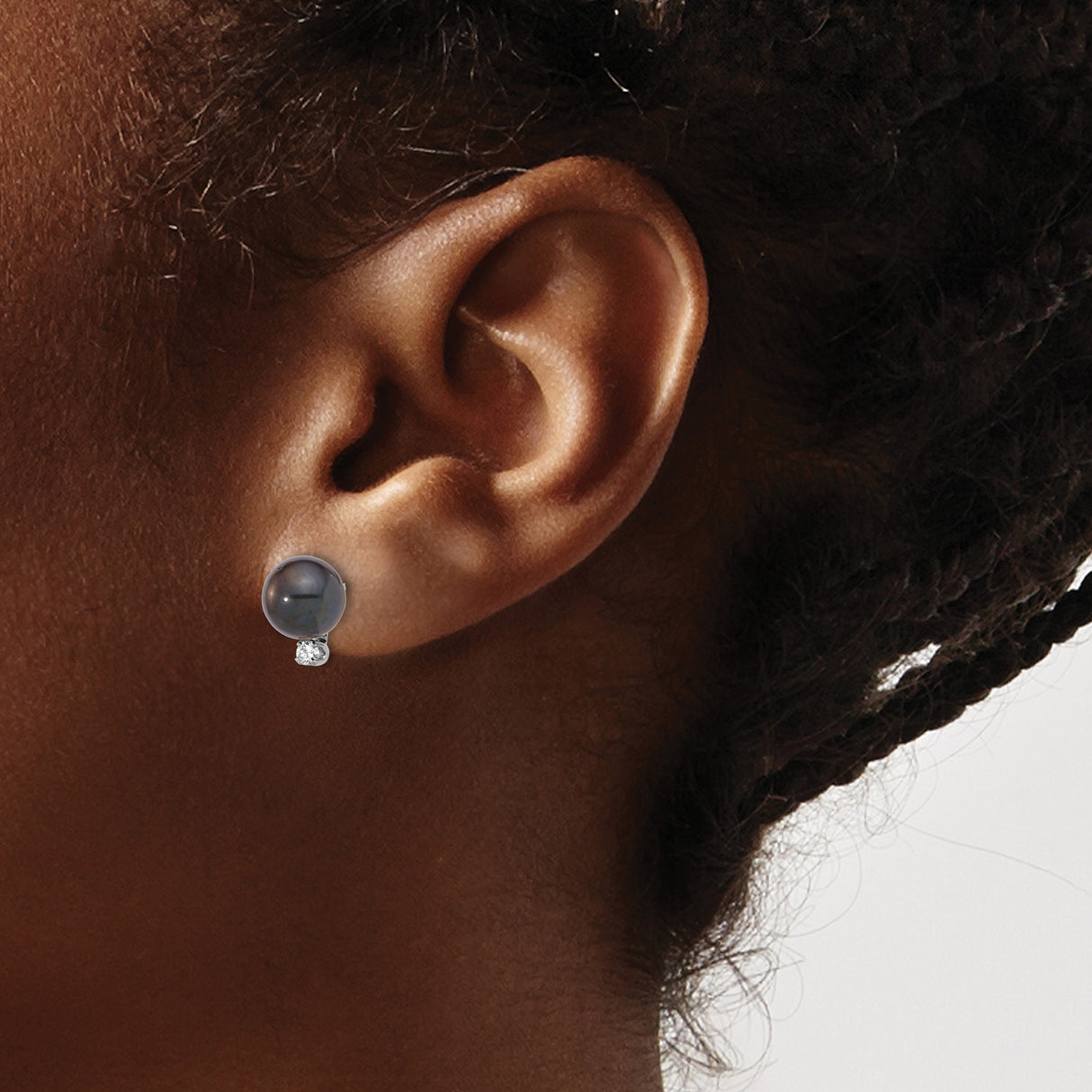 14k White Gold Stud Earrings with Black Cultured Pearls and Diamond Accent