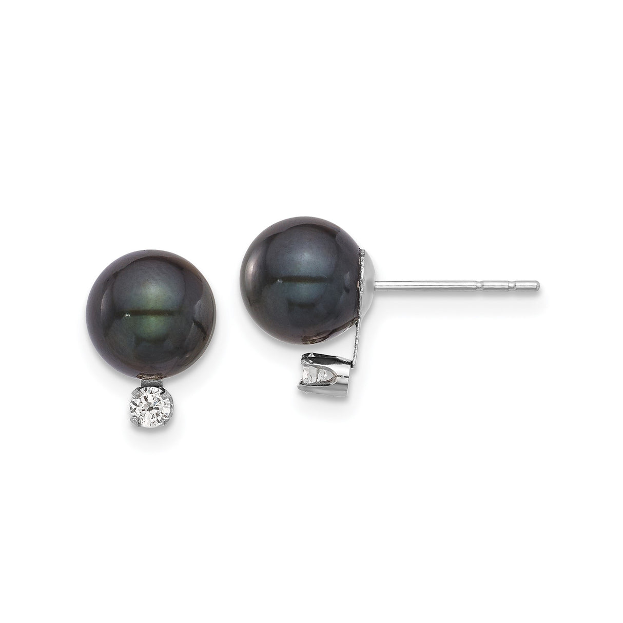14k White Gold Stud Earrings with Black Cultured Pearls and Diamond Accent