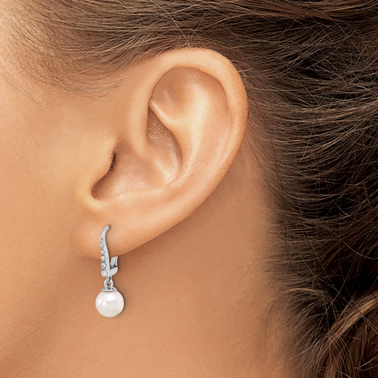 14k White Gold Dangle Earrings with Cultured White Pearls and Diamond Accents