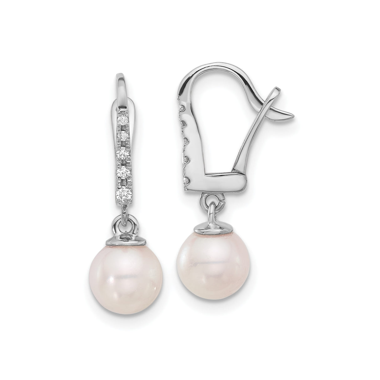 14k White Gold Dangle Earrings with Cultured White Pearls and Diamond Accents