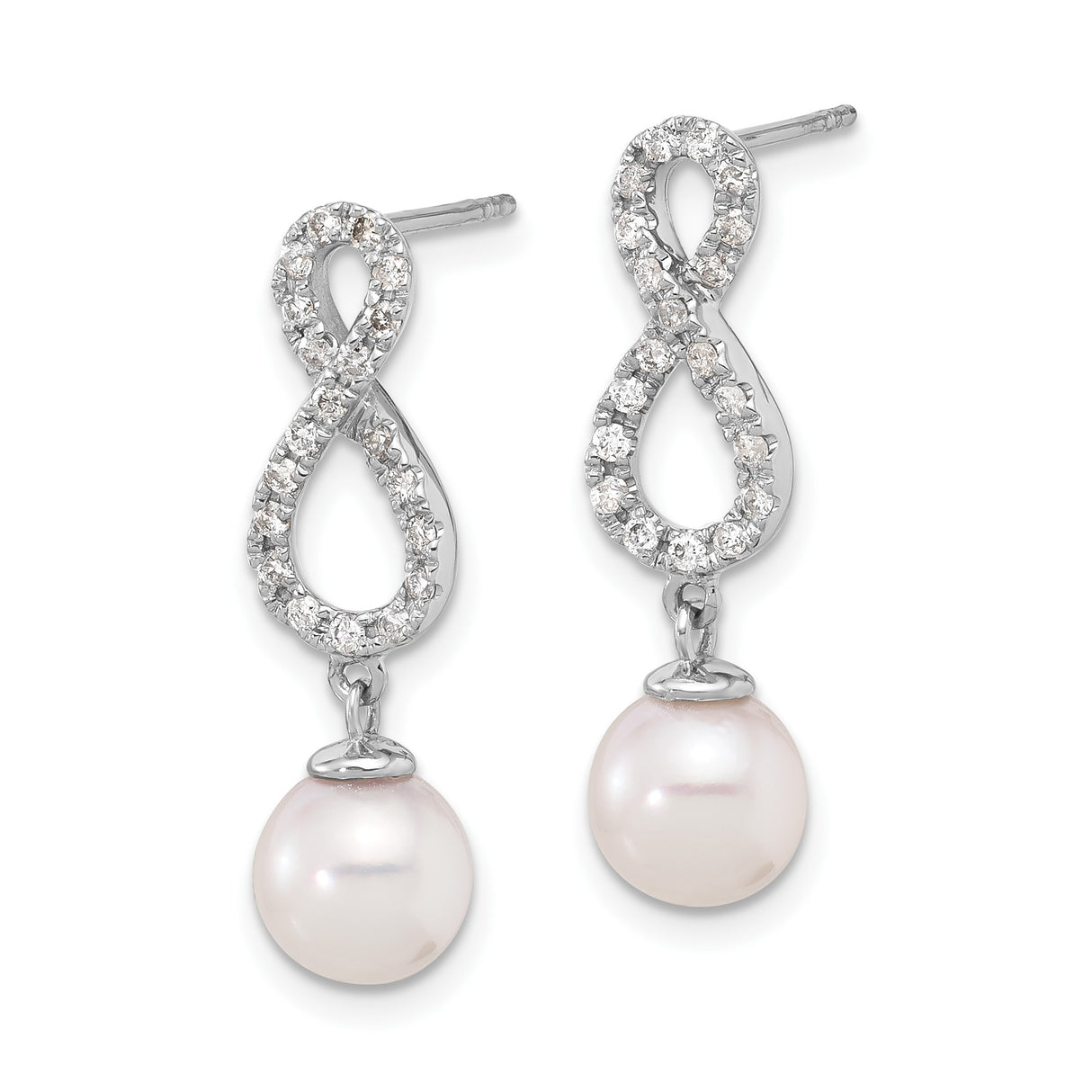 14k White Gold Dangle Earrings with Cultured Pearl Drops and Diamond Accents, Infinity Design