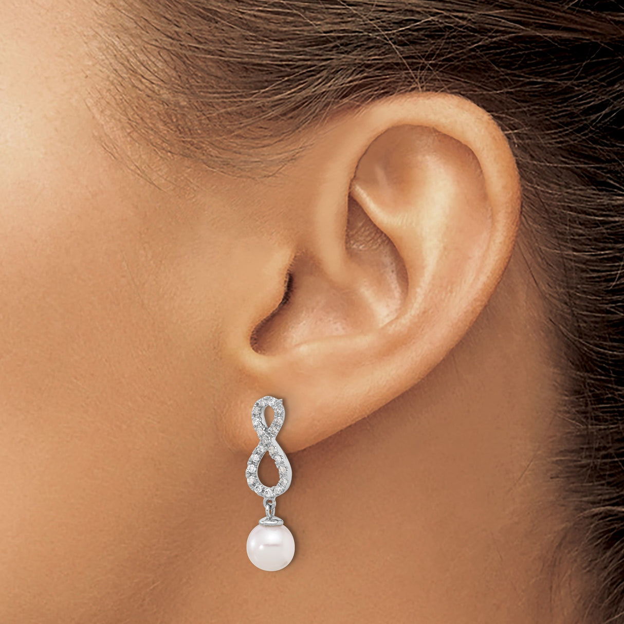 14k White Gold Dangle Earrings with Cultured Pearl Drops and Diamond Accents, Infinity Design