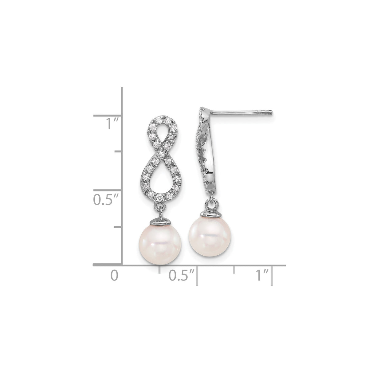 14k White Gold Dangle Earrings with Cultured Pearl Drops and Diamond Accents, Infinity Design