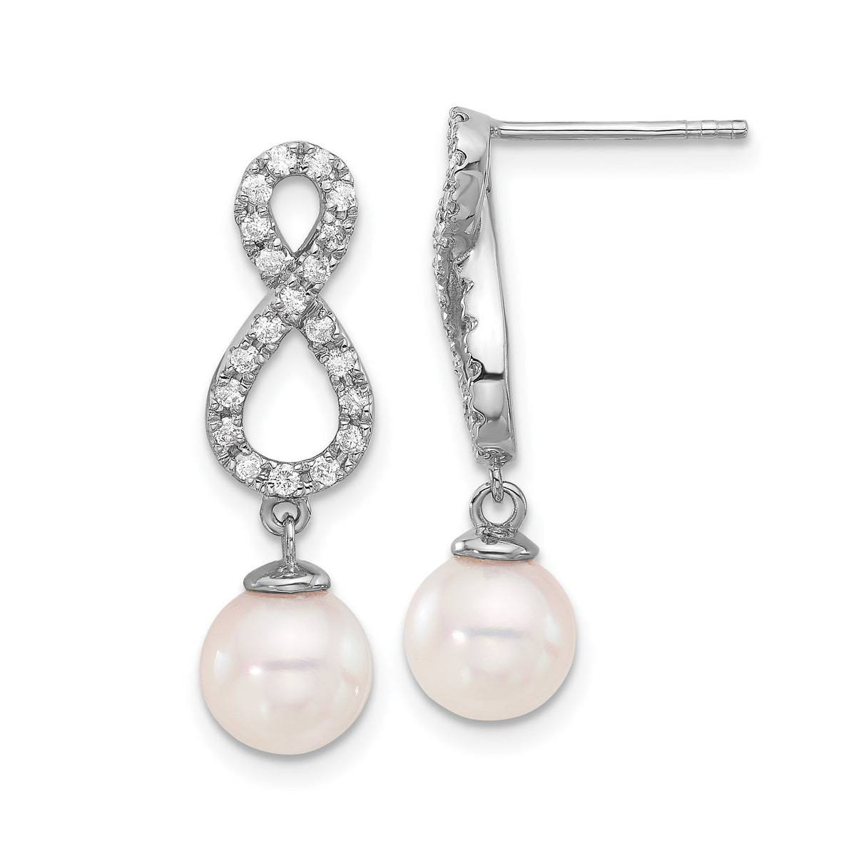14k White Gold Dangle Earrings with Cultured Pearl Drops and Diamond Accents, Infinity Design