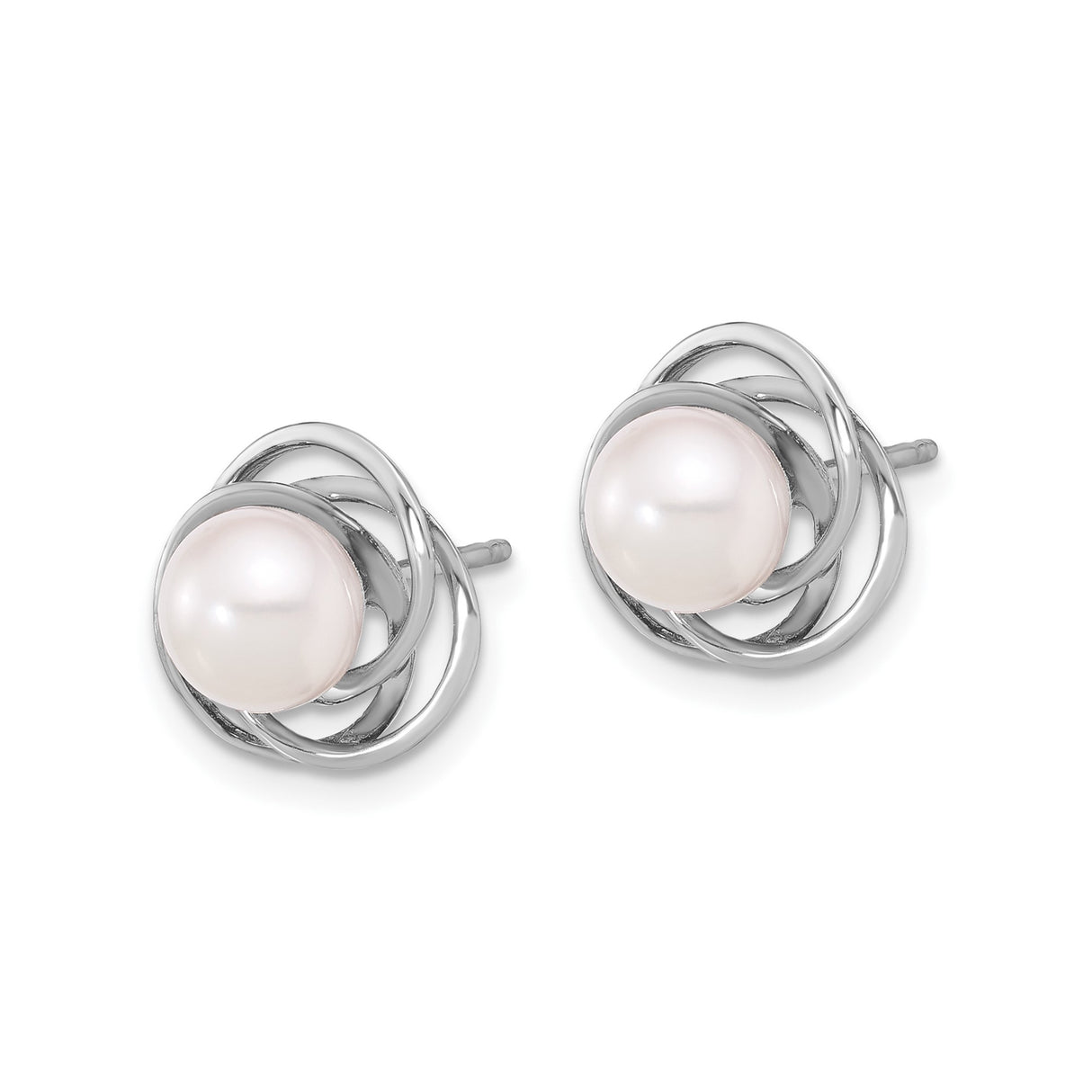 14k White Gold Stud Earrings with Cultured Pearl in Open Swirl Design