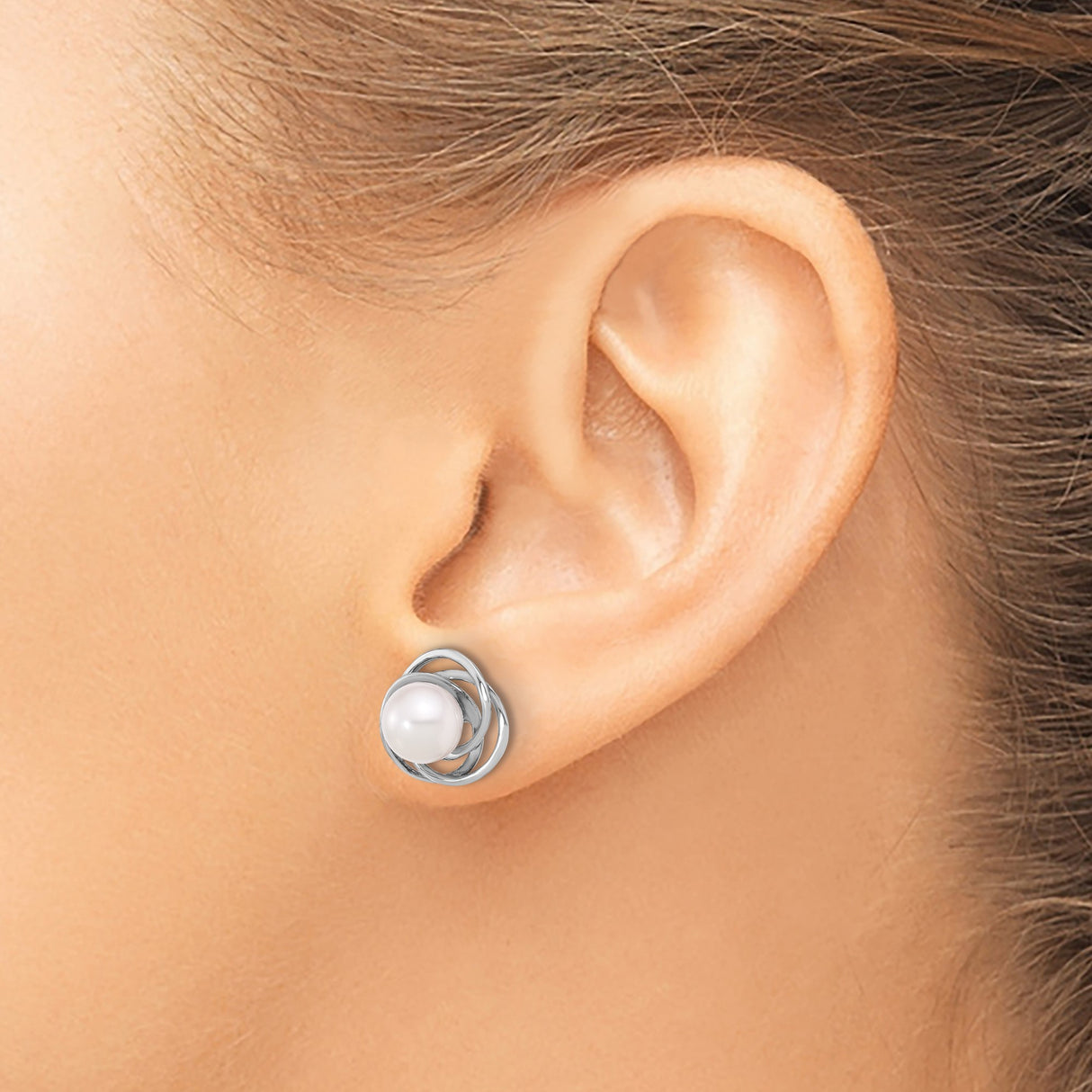 14k White Gold Stud Earrings with Cultured Pearl in Open Swirl Design