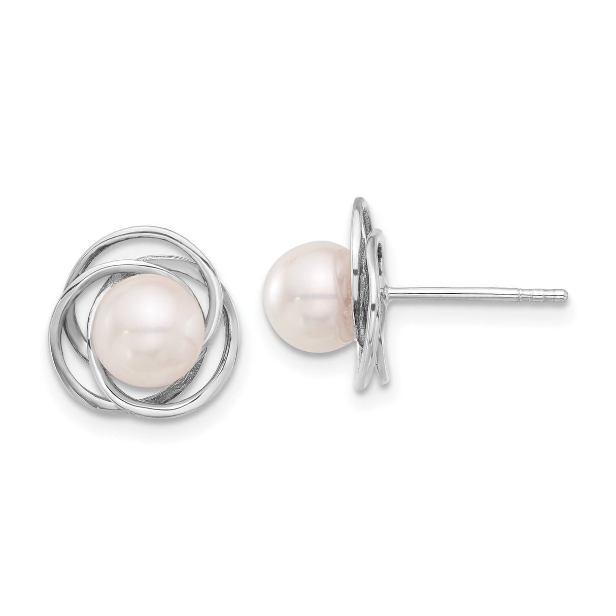 14k White Gold Stud Earrings with Cultured Pearl in Open Swirl Design