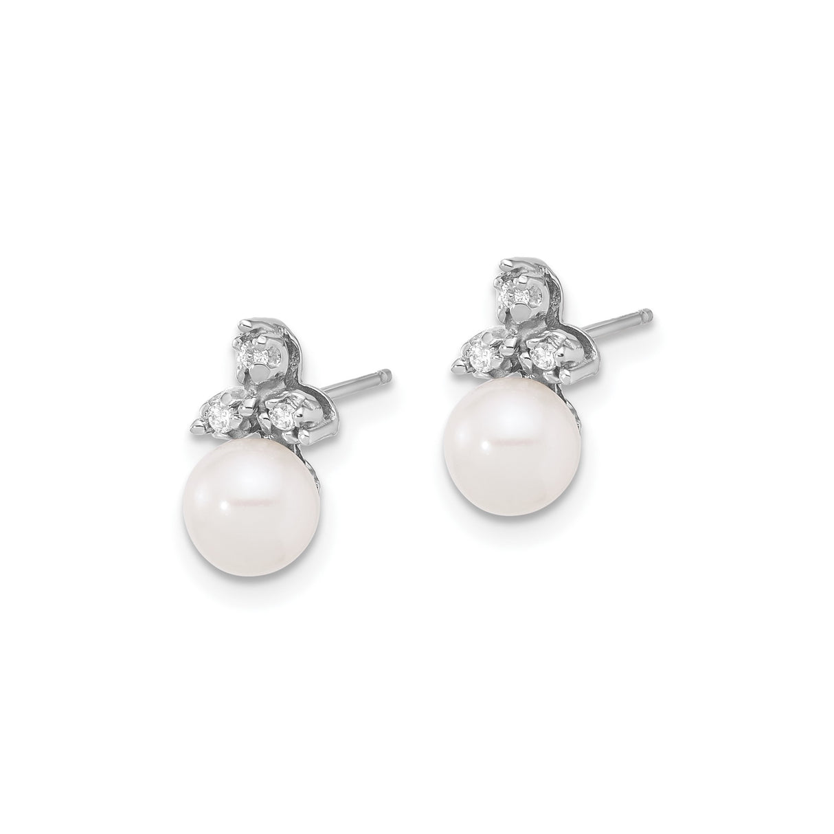 14k White Gold Stud Earrings with Cultured Pearls and Diamond Fleur-de-Lis Design