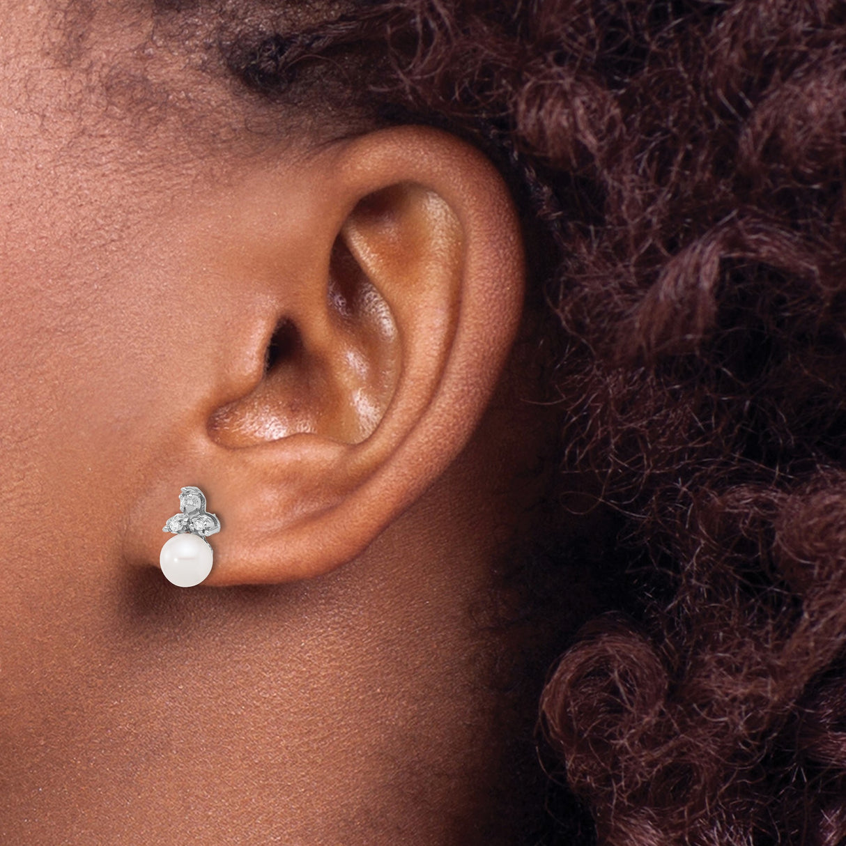 14k White Gold Stud Earrings with Cultured Pearls and Diamond Fleur-de-Lis Design