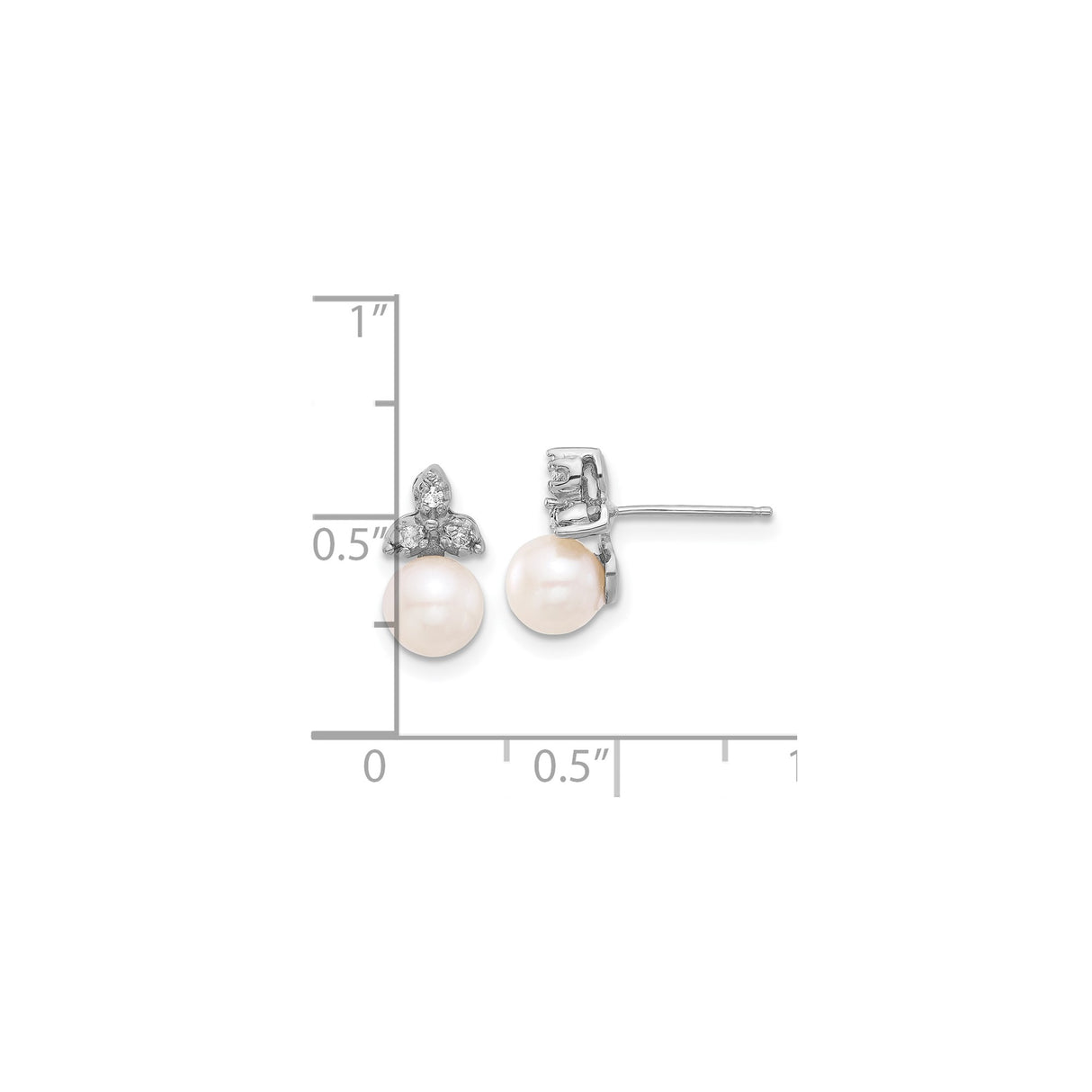14k White Gold Stud Earrings with Cultured Pearls and Diamond Fleur-de-Lis Design