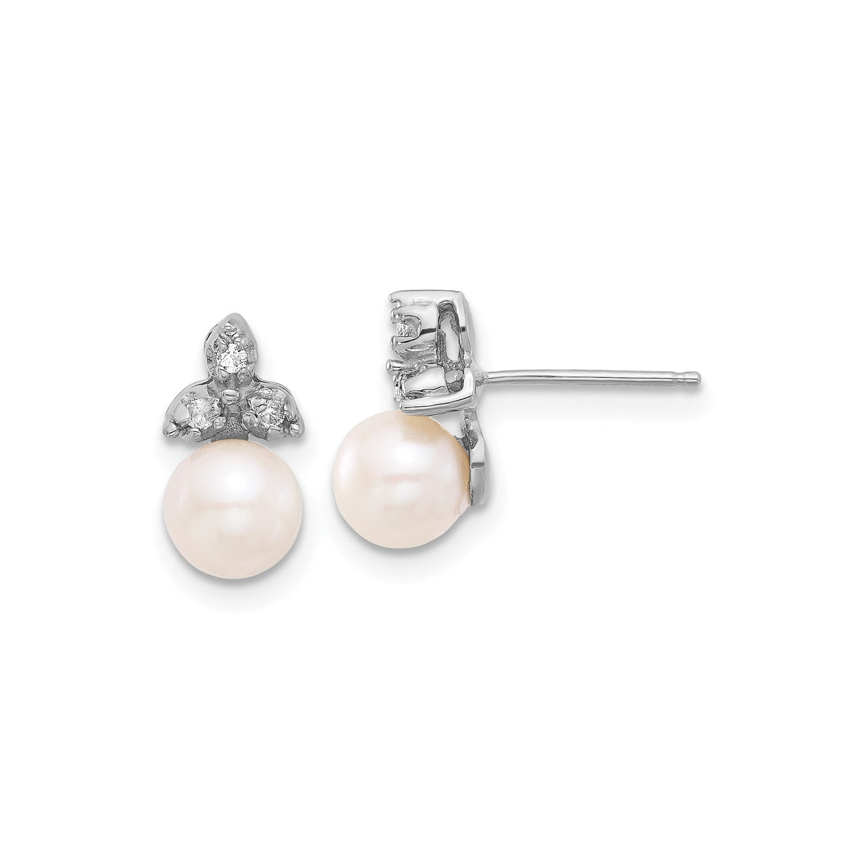 14k White Gold Stud Earrings with Cultured Pearls and Diamond Fleur-de-Lis Design