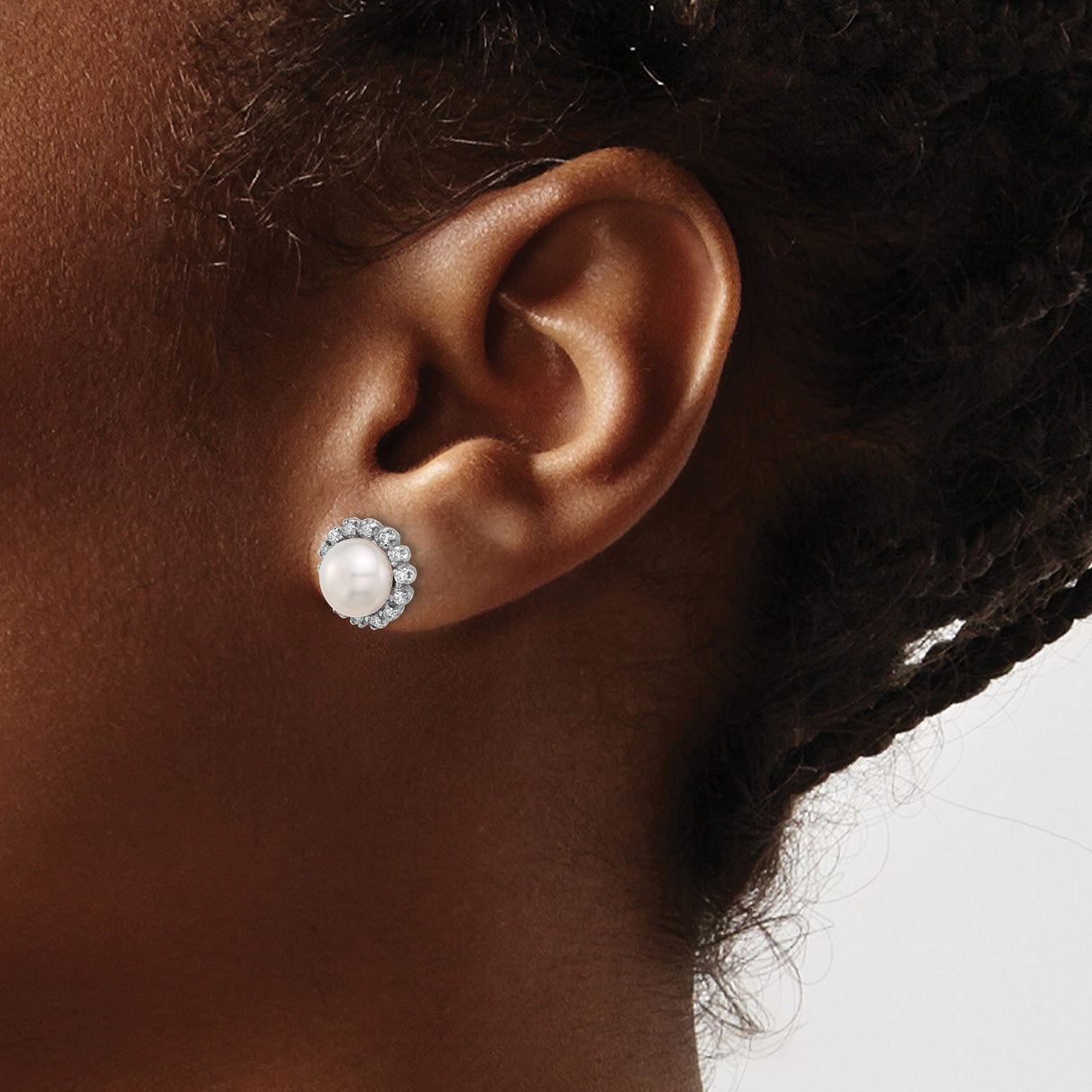 14k White Gold Pearl Stud Earrings with Diamond Halo, Floral Design